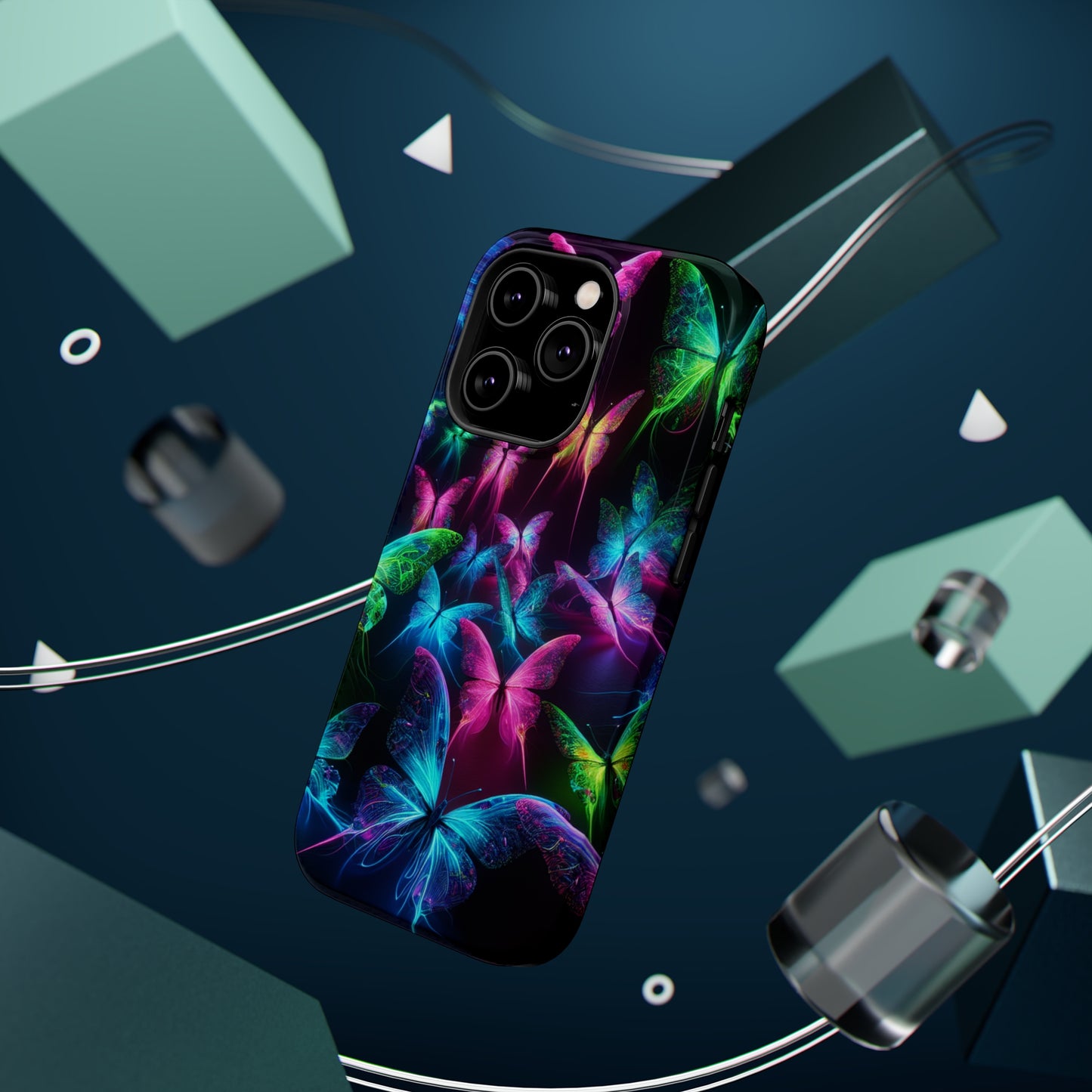 'Euphoria in Neon Flight' Neon Butterflies Premium Art Magsafe Magnet Tough IPhone 13 14 15 Pro Plus Max and Mini in Matte and Glossy Phone cases