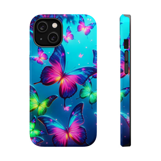 Vivid Glinting Neon Butterflies Neon Butterflies Premium Art Magsafe Magnet Tough IPhone 13 14 15 Pro Plus Max and Mini in Matte and Glossy Phone cases