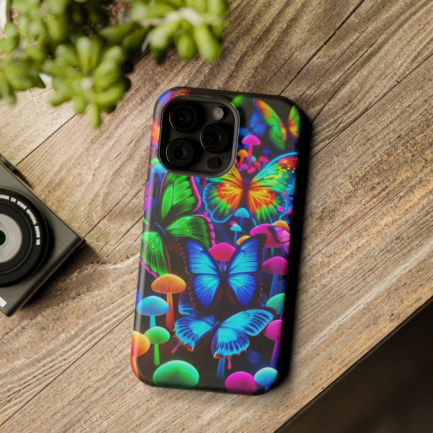 "Fantastic Fruition" Neon Butterflies and Mushrooms Premium Art Magsafe Magnet Tough IPhone 13 14 15 Pro Plus Max and Mini in Matte and Glossy Phone cases