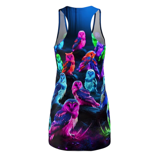 "Neon Nocturnal Owlgathering" Neon Owls Racerback Dress
