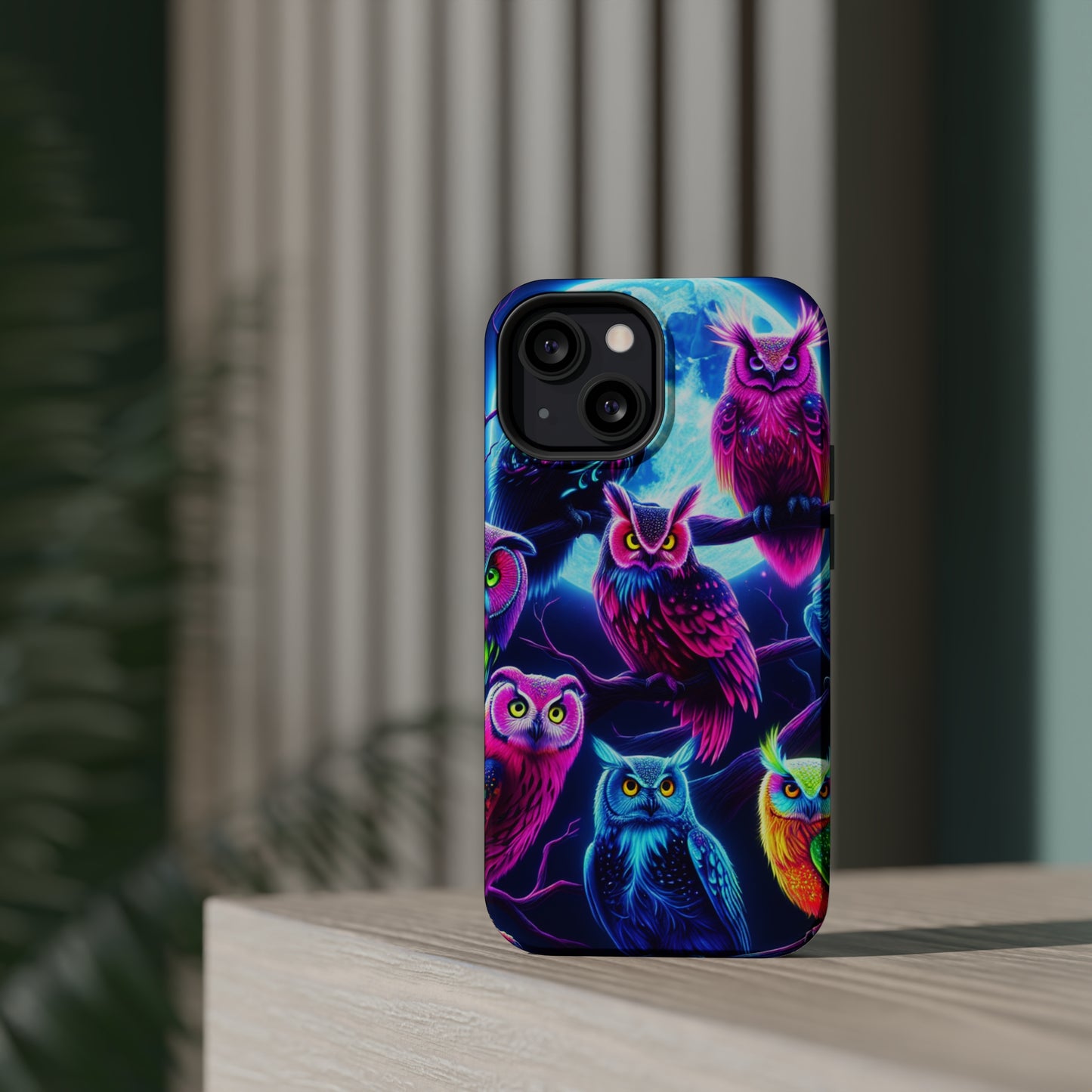 "Neon Splash of Owls" Neon Owls Premium Art Magsafe Magnet Tough IPhone 13 14 15 Pro Plus Max and Mini in Matte and Glossy Phone cases