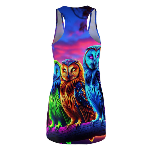 "Electric Enlightened Owls" Neon Owls Racerback Dress