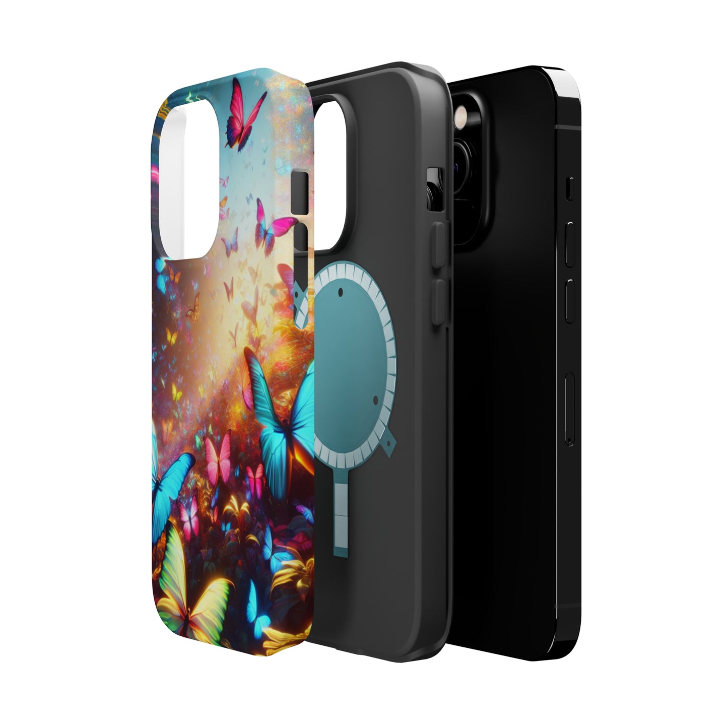 "Neon Butterfly Blooms" Neon Butterflies Premium Art Magsafe Magnet Tough IPhone 13 14 15 Pro Plus Max and Mini in Matte and Glossy Phone cases
