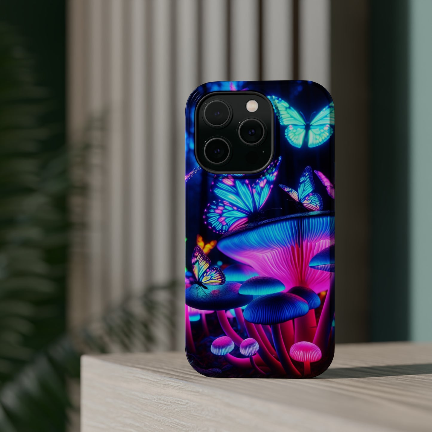 Neon Fantasy Garden Neon Butterflies and Mushrooms Premium Art Magsafe Magnet Tough IPhone 13 14 15 Pro Plus Max and Mini in Matte and Glossy Phone cases