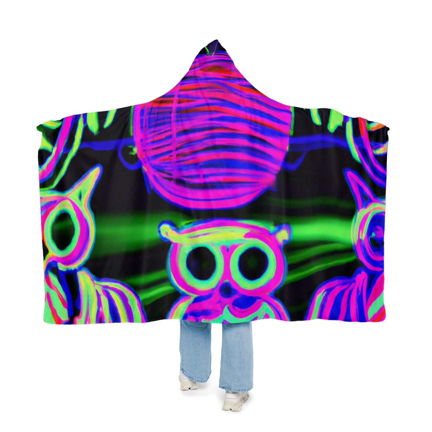"Owlight." - NEON Owls Art Hooded Snuggle Blanket
