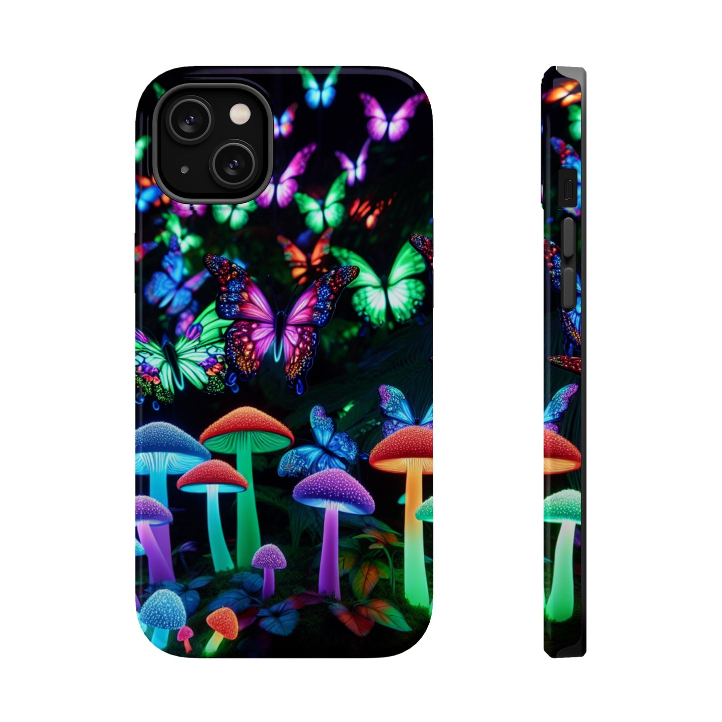 "Neon Burst Wonderland". Neon Butterflies and Mushrooms Premium Art Magsafe Magnet Tough IPhone 13 14 15 Pro Plus Max and Mini in Matte and Glossy Phone cases