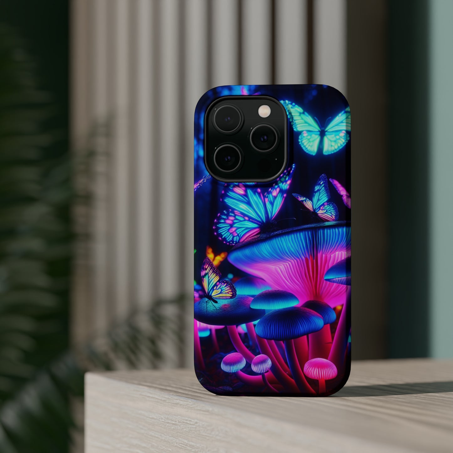 Neon Fantasy Garden Neon Butterflies and Mushrooms Premium Art Magsafe Magnet Tough IPhone 13 14 15 Pro Plus Max and Mini in Matte and Glossy Phone cases