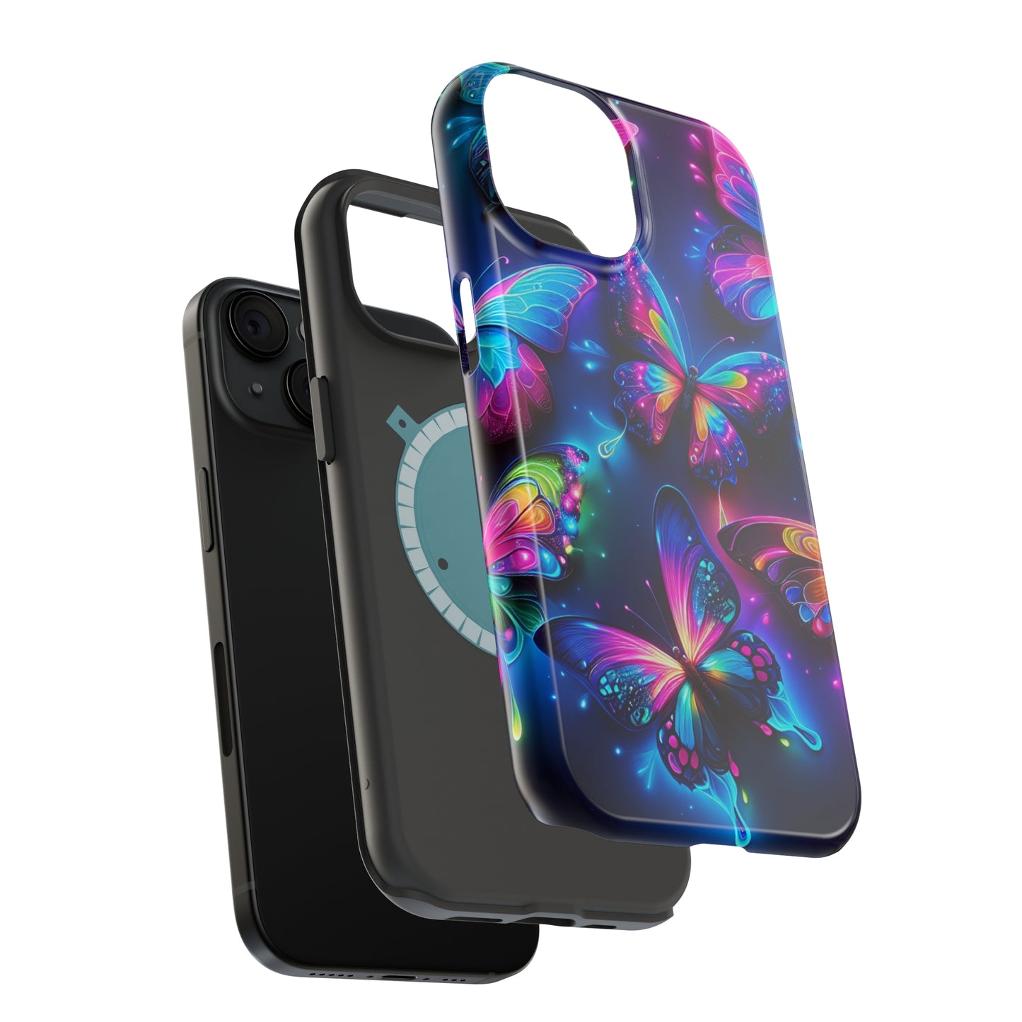 "Neon Butterfly Muster" Neon Butterflies Premium Art Magsafe Magnet Tough IPhone 13 14 15 Pro Plus Max and Mini in Matte and Glossy Phone cases