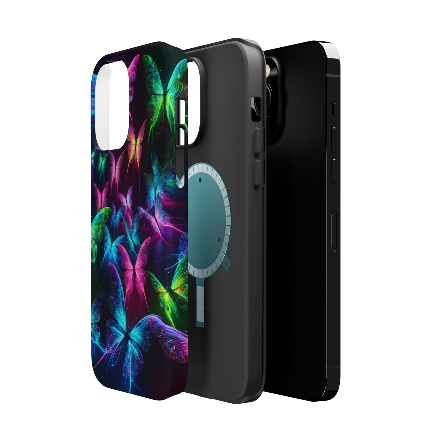 'Euphoria in Neon Flight' Neon Butterflies Premium Art Magsafe Magnet Tough IPhone 13 14 15 Pro Plus Max and Mini in Matte and Glossy Phone cases