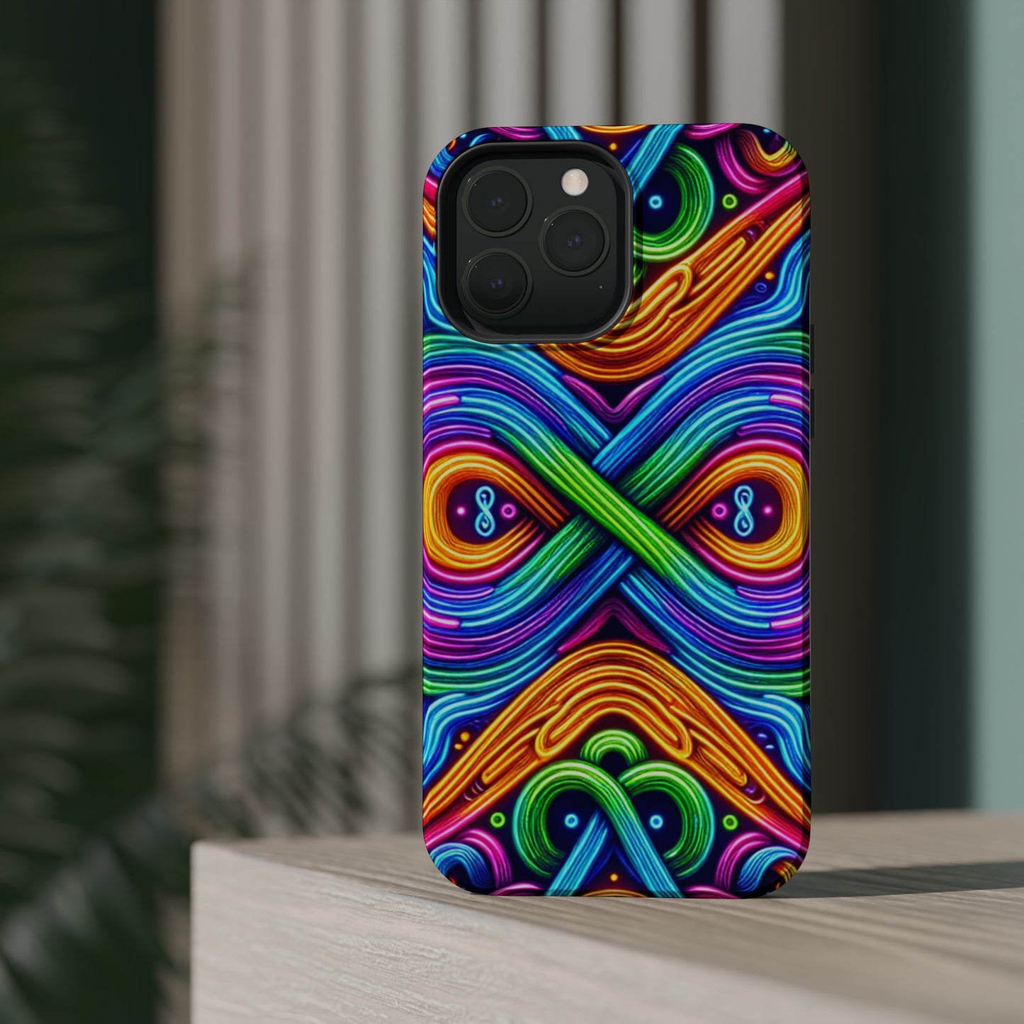 Cosmic Neon Infinity Spectacular. Neon Trippy Infinity Patterns Premium Art Magsafe Magnet Tough IPhone 13 14 15 Pro Plus Max and Mini in Matte and Glossy Phone cases