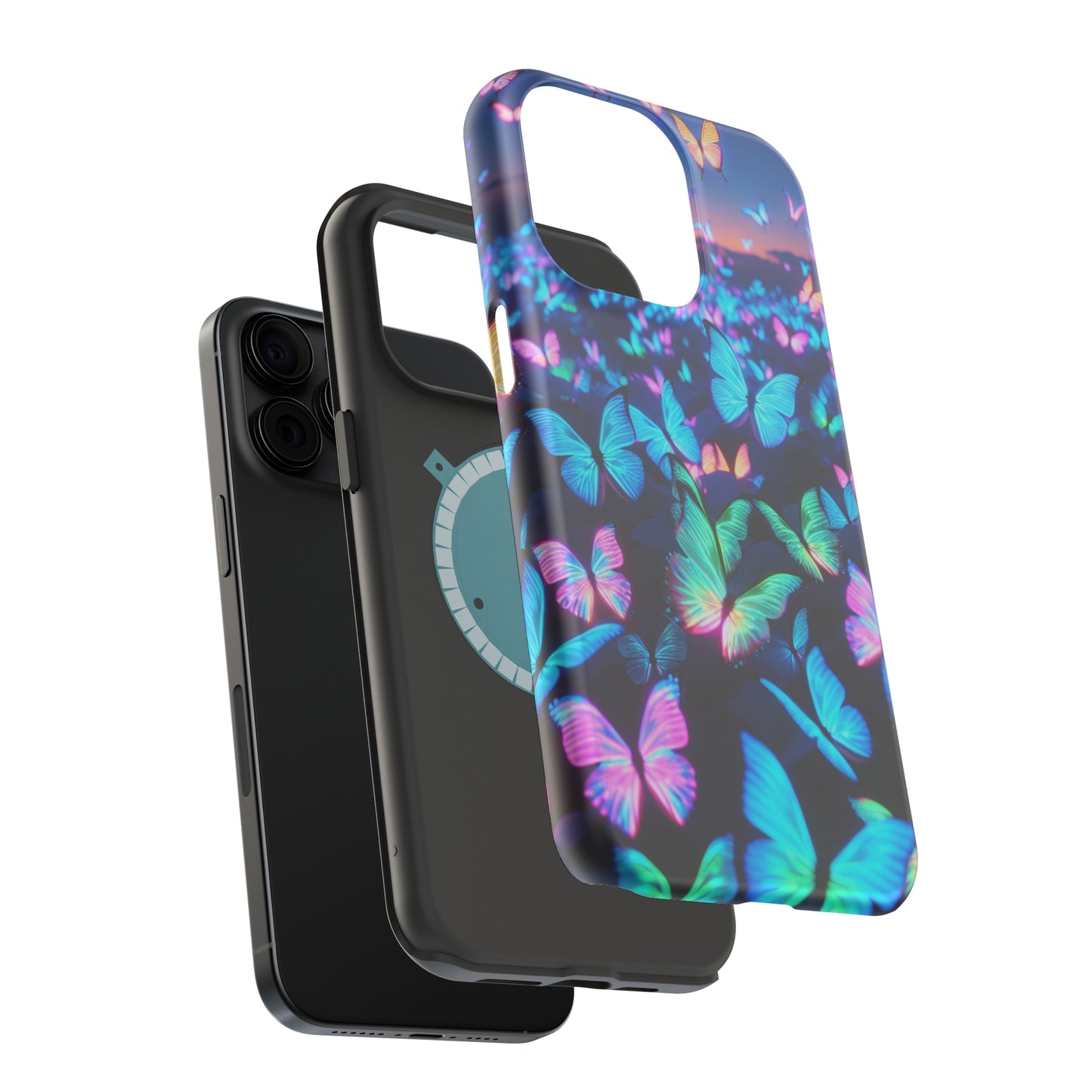 "Fantasia of Neon Butterflies" Neon Butterflies Premium Art Magsafe Magnet Tough IPhone 13 14 15 Pro Plus Max and Mini in Matte and Glossy Phone cases