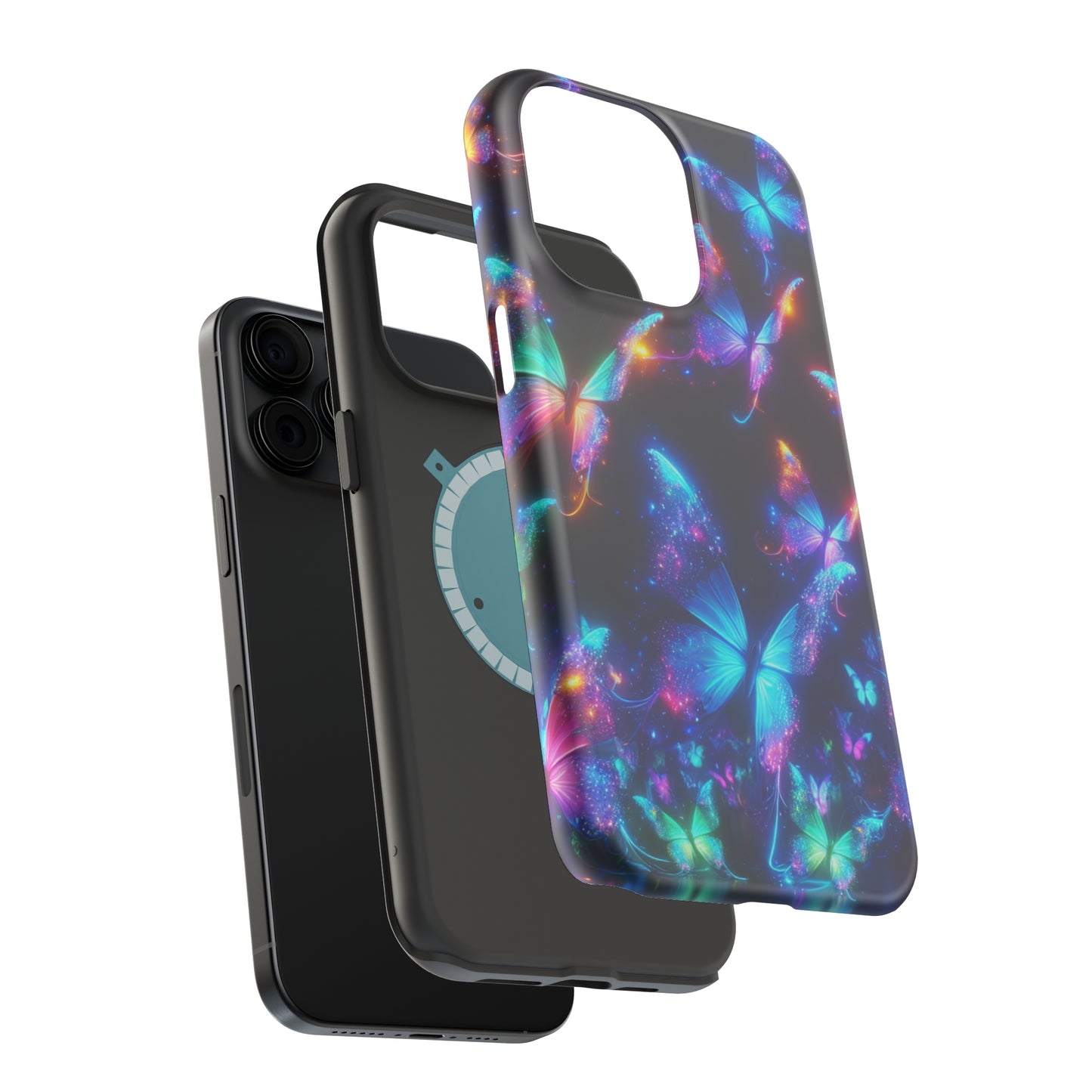 "Electrically Vivid Reverie" Neon Butterflies Premium Art Magsafe Magnet Tough IPhone 13 14 15 Pro Plus Max and Mini in Matte and Glossy Phone cases