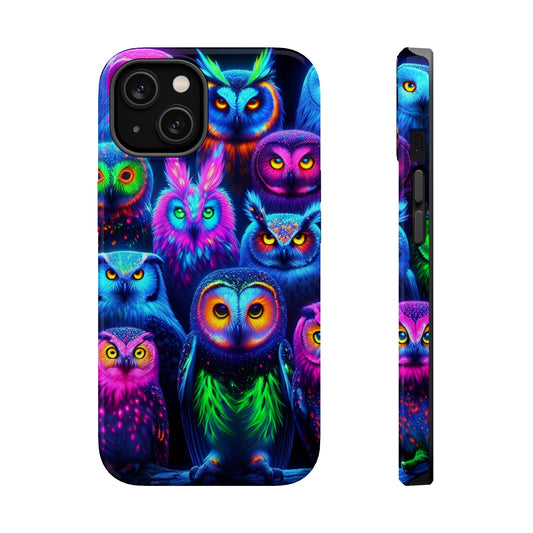 Neon Nocturnal Nook Neon Owls Premium Art Magsafe Magnet Tough IPhone 13 14 15 Pro Plus Max and Mini in Matte and Glossy Phone cases
