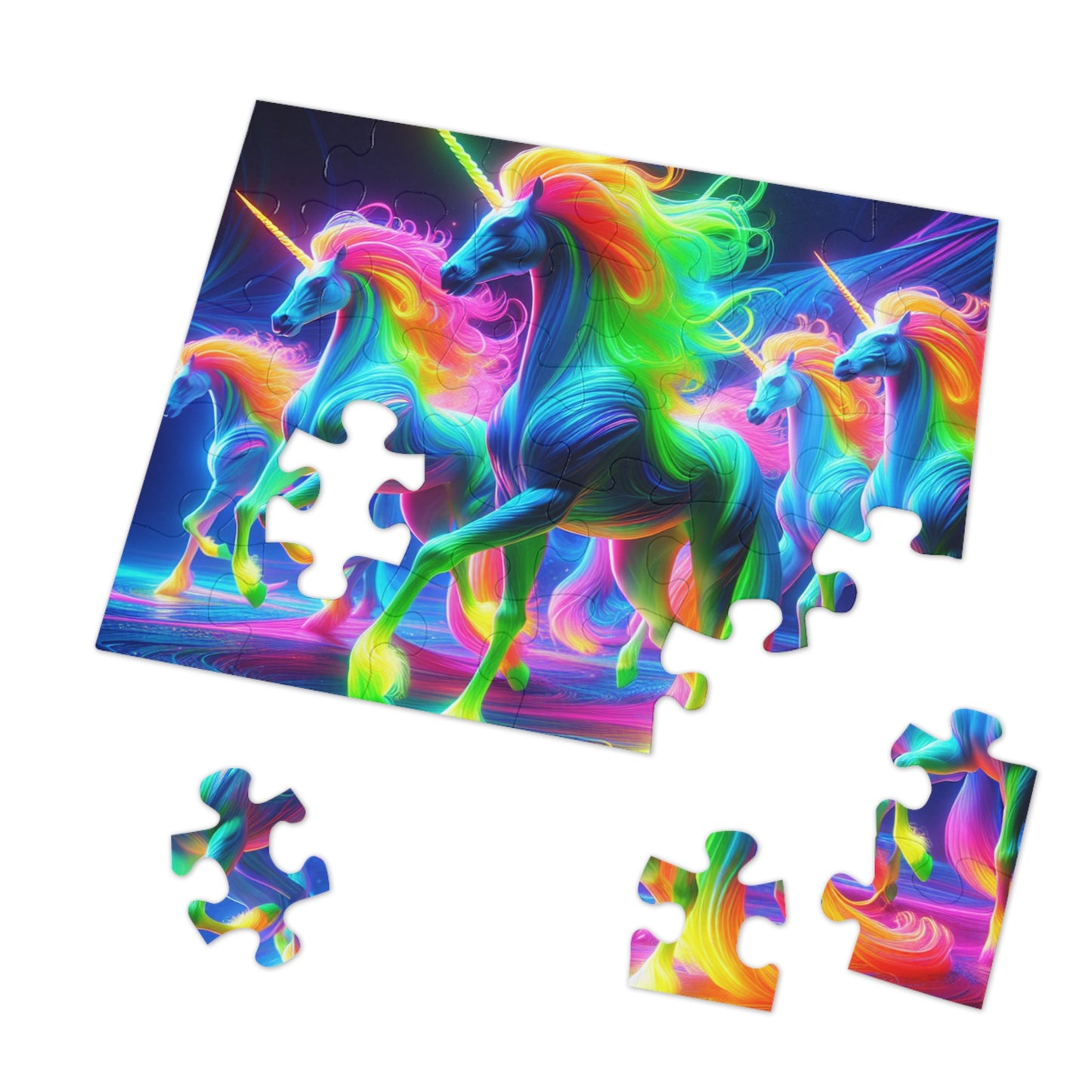 'Neon Unisplash' - Neon Unicorns Puzzle 30, 110, 252, and 1000 Pieces