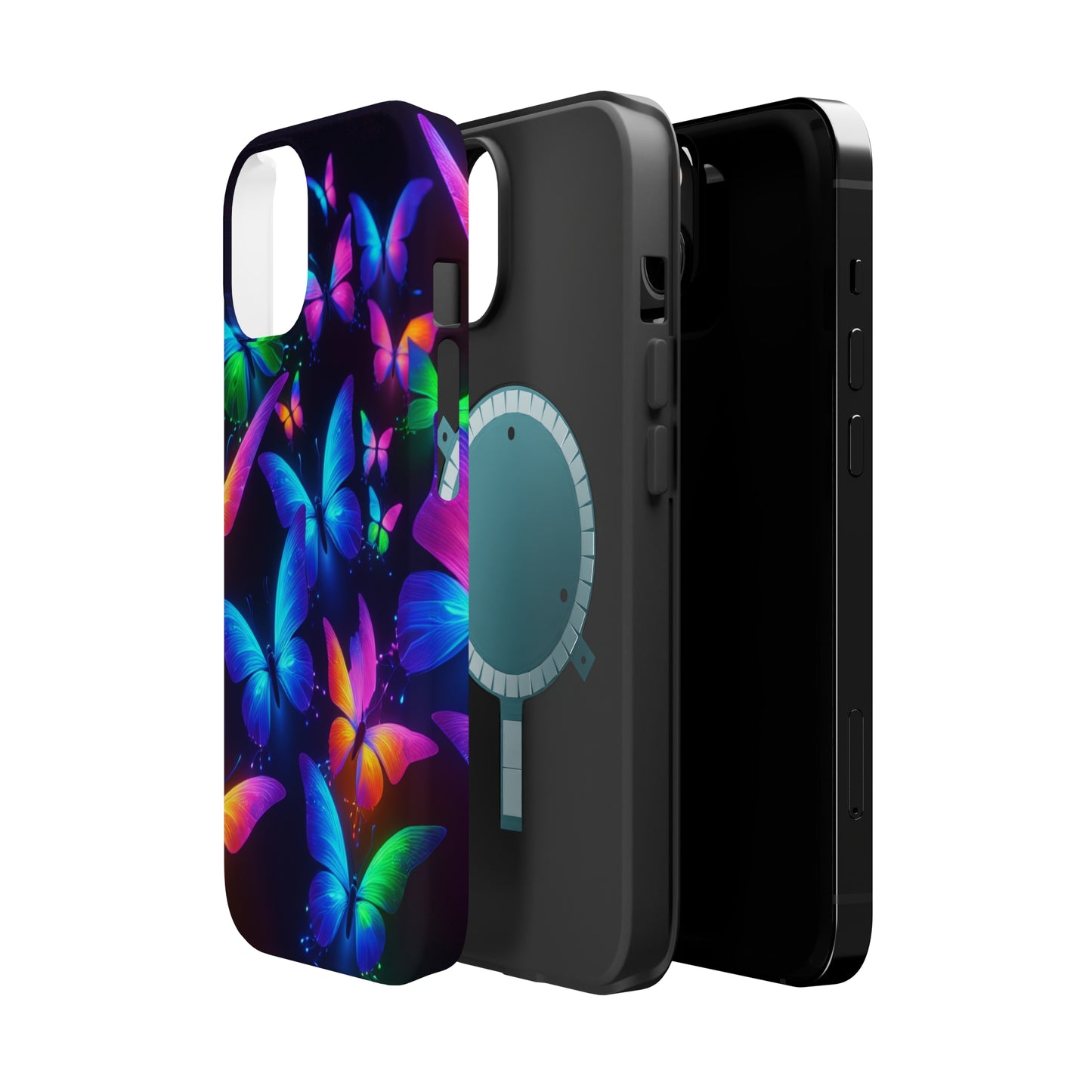 "Vibrant Neon Flutter" Neon Butterflies Premium Art Magsafe Magnet Tough IPhone 13 14 15 Pro Plus Max and Mini in Matte and Glossy Phone cases