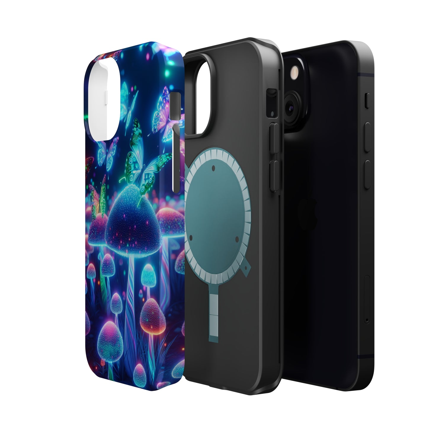 Neon Glitterbug Heaven. Neon Butterflies and Mushrooms Premium Art Magsafe Magnet Tough IPhone 13 14 15 Pro Plus Max and Mini in Matte and Glossy Phone cases