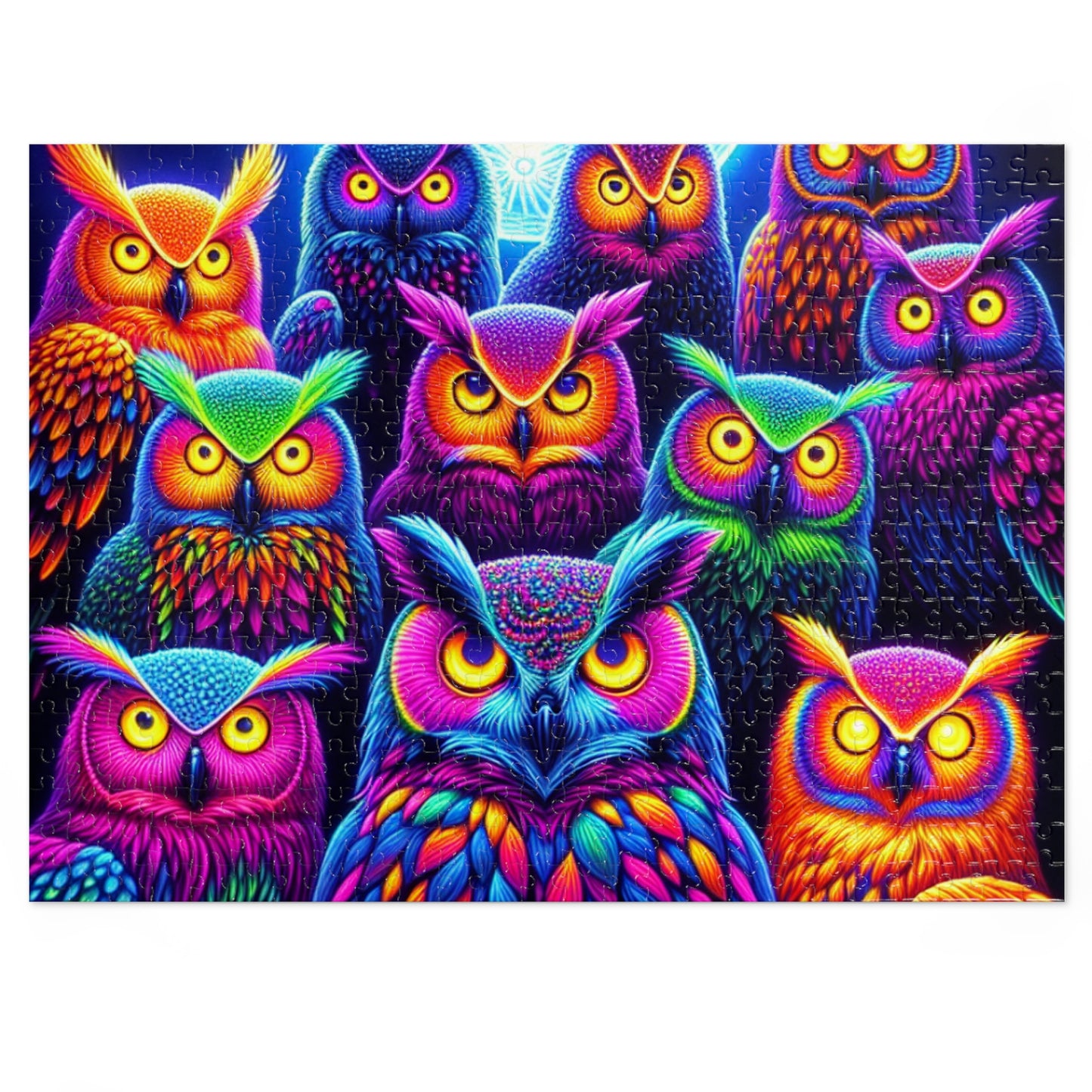 Neon Owls Gathering. - Neon Owls Puzzle 30, 110, 252, and 1000 Pieces