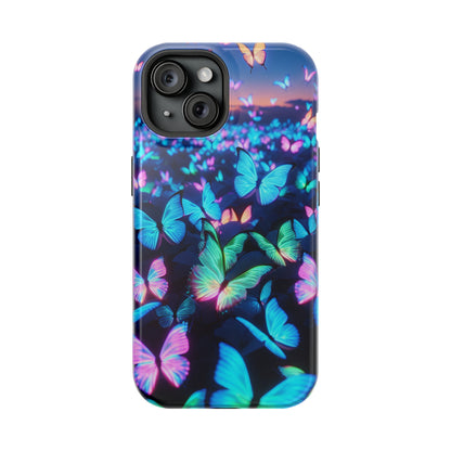 "Fantasia of Neon Butterflies" Neon Butterflies Premium Art Magsafe Magnet Tough IPhone 13 14 15 Pro Plus Max and Mini in Matte and Glossy Phone cases