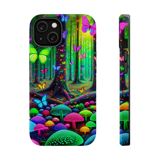 "Neon Garden Symphony". Neon Butterflies and Mushrooms Premium Art Magsafe Magnet Tough IPhone 13 14 15 Pro Plus Max and Mini in Matte and Glossy Phone cases