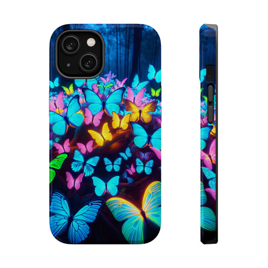 "Scintillating Swirls of Neon Butterflies" Neon Butterflies Premium Art Magsafe Magnet Tough IPhone 13 14 15 Pro Plus Max and Mini in Matte and Glossy Phone cases