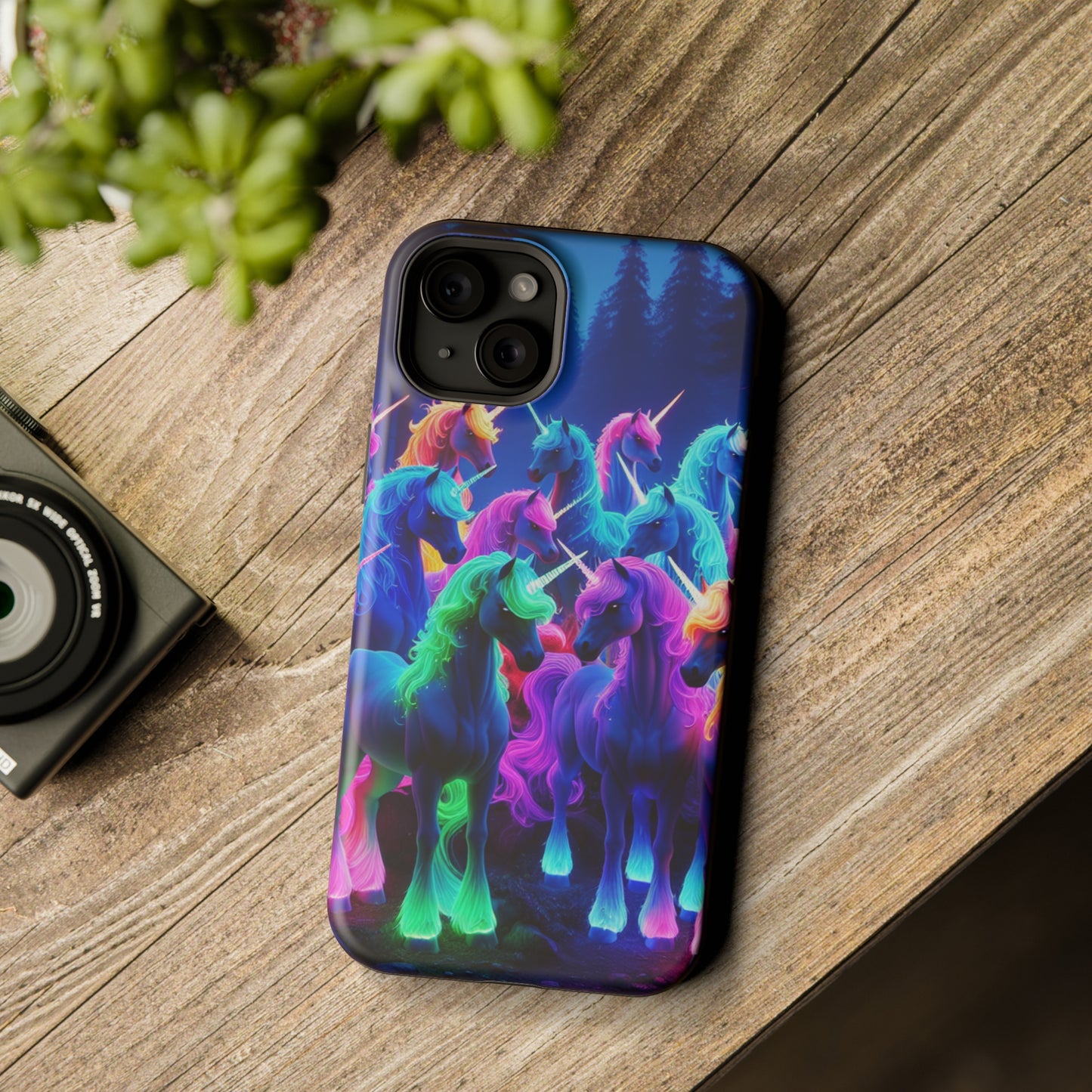 "Neon Fantasyland" Neon Unicorns Premium Art Magsafe Magnet Tough IPhone 13 14 15 Pro Plus Max and Mini in Matte and Glossy Phone cases