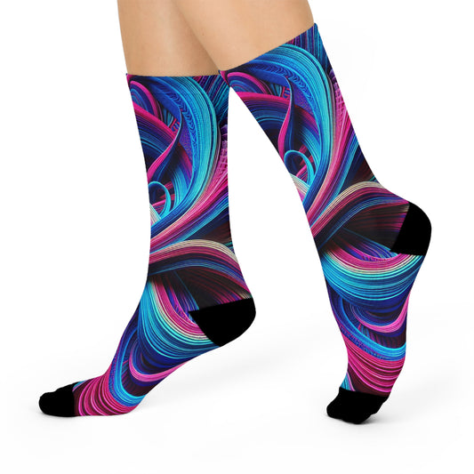 Vividly Fractalized Rainbow Reflections. Trippy Cushioned Crew Socks