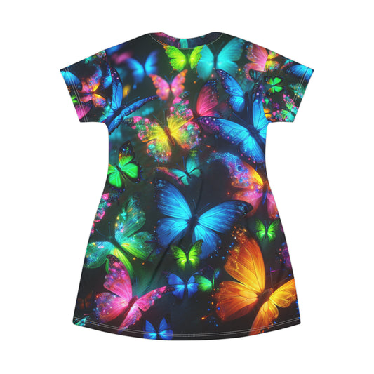 "Glow Flutter's Symphony" Neon Butterflies Womans T Shirt Dress