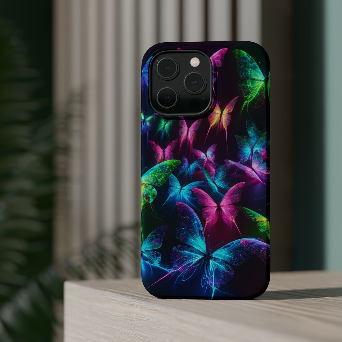 'Euphoria in Neon Flight' Neon Butterflies Premium Art Magsafe Magnet Tough IPhone 13 14 15 Pro Plus Max and Mini in Matte and Glossy Phone cases