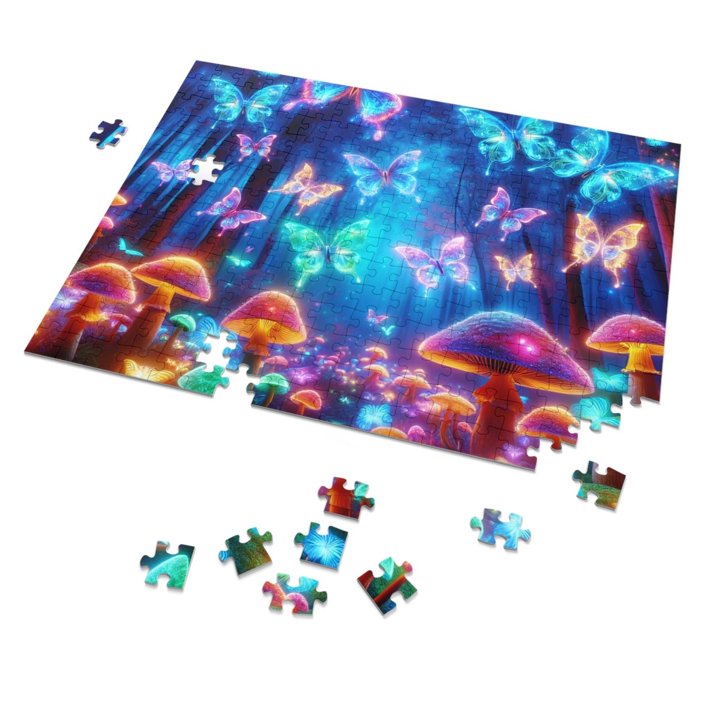 'Vibrant Neon Dreamscape' - Neon Butterflies and Mushrooms Puzzle 30, 110, 252, and 1000 Pieces