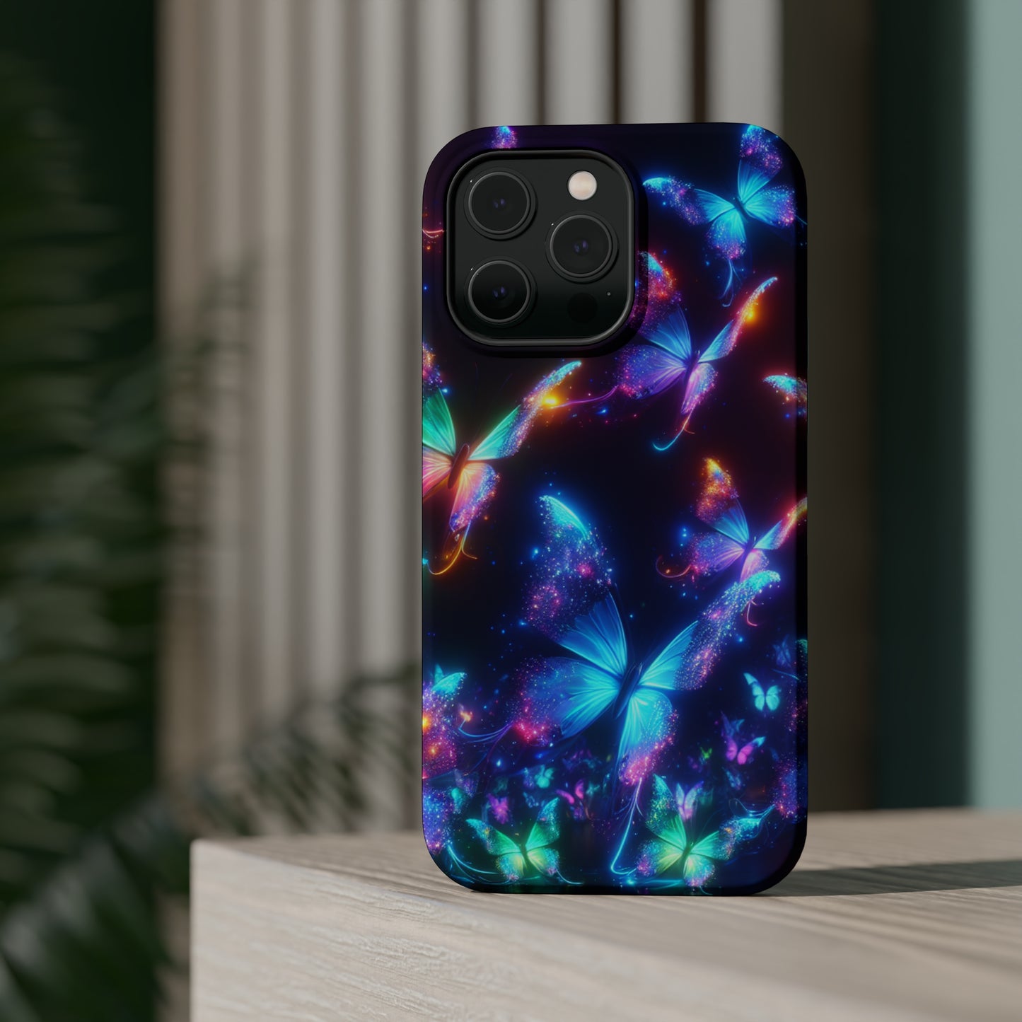 "Electrically Vivid Reverie" Neon Butterflies Premium Art Magsafe Magnet Tough IPhone 13 14 15 Pro Plus Max and Mini in Matte and Glossy Phone cases