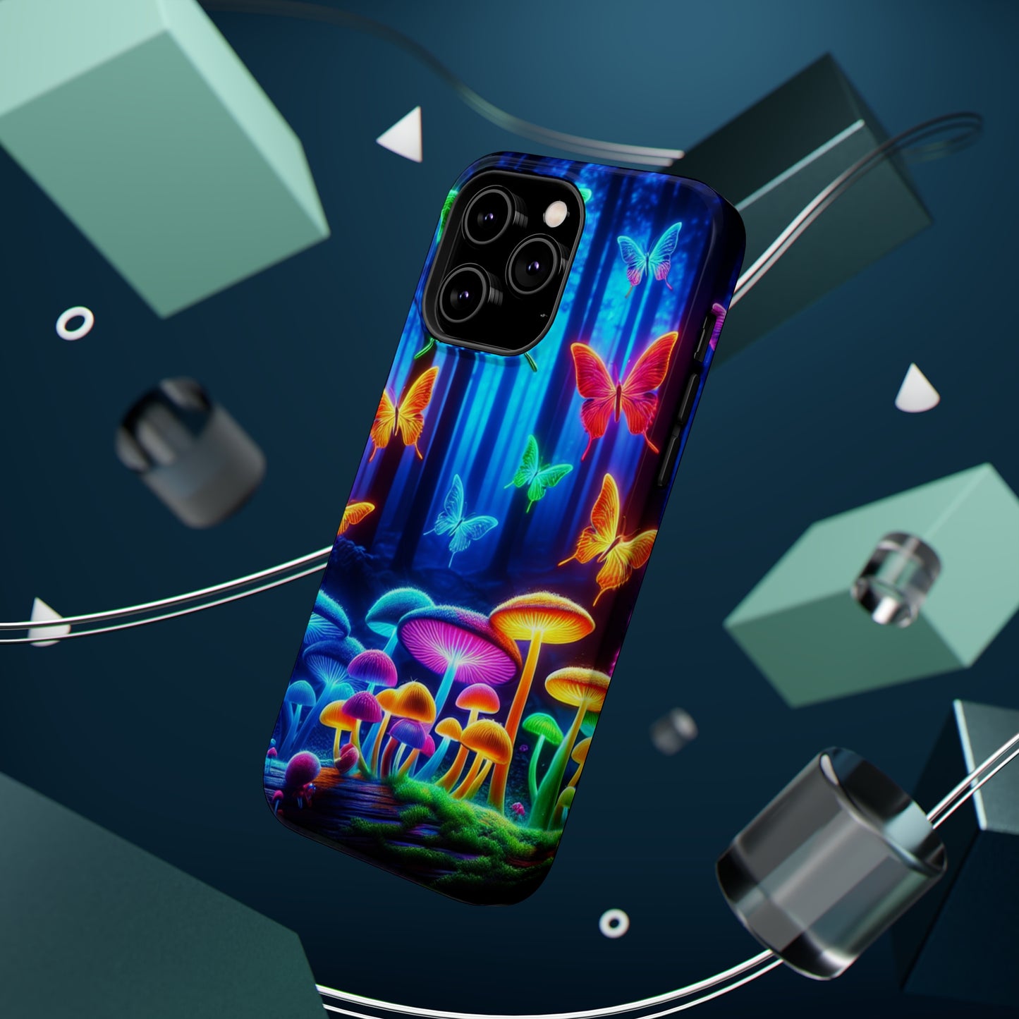 "Neon Garden Delight" Neon Butterflies and Mushrooms Premium Art Magsafe Magnet Tough IPhone 13 14 15 Pro Plus Max and Mini in Matte and Glossy Phone cases