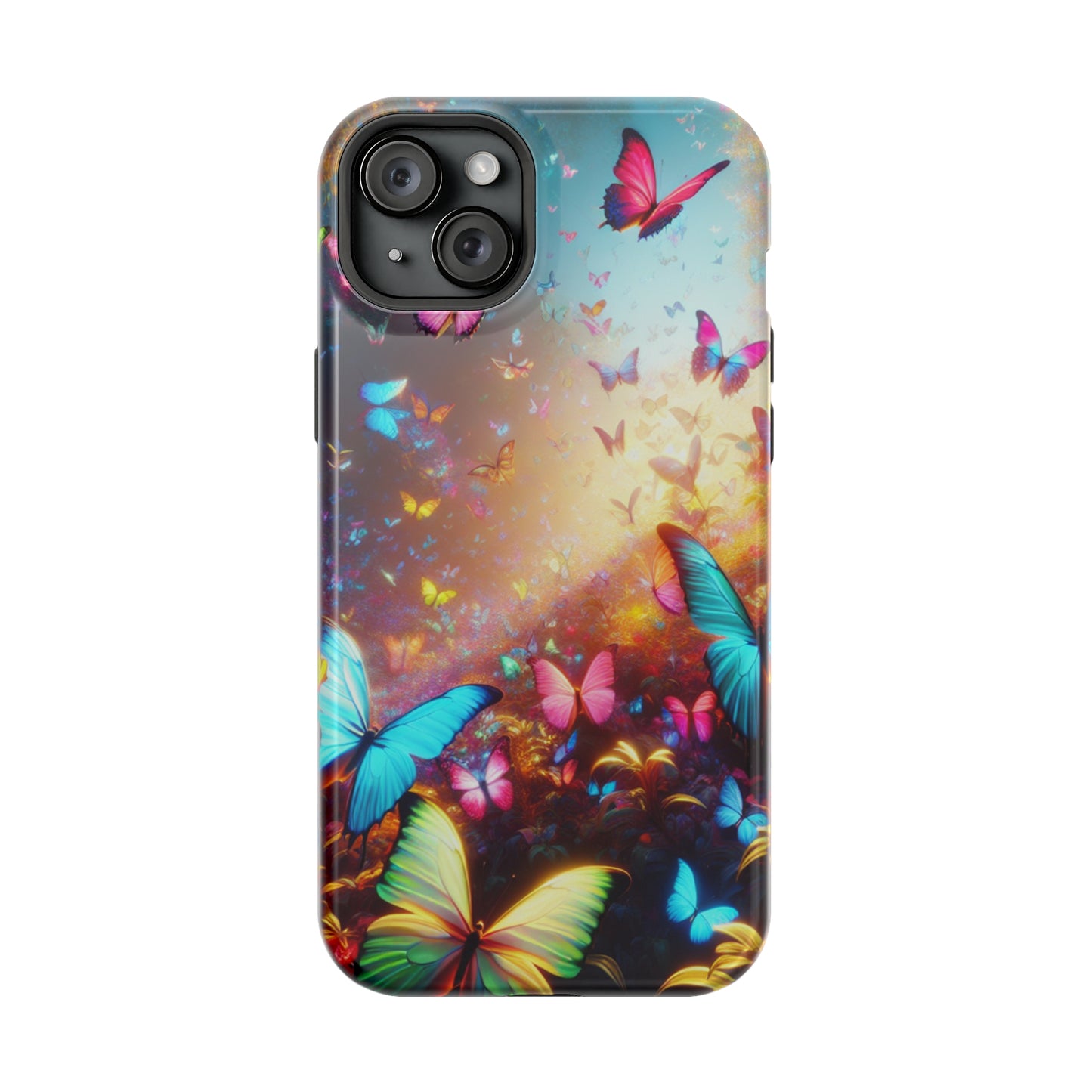 "Neon Butterfly Blooms" Neon Butterflies Premium Art Magsafe Magnet Tough IPhone 13 14 15 Pro Plus Max and Mini in Matte and Glossy Phone cases