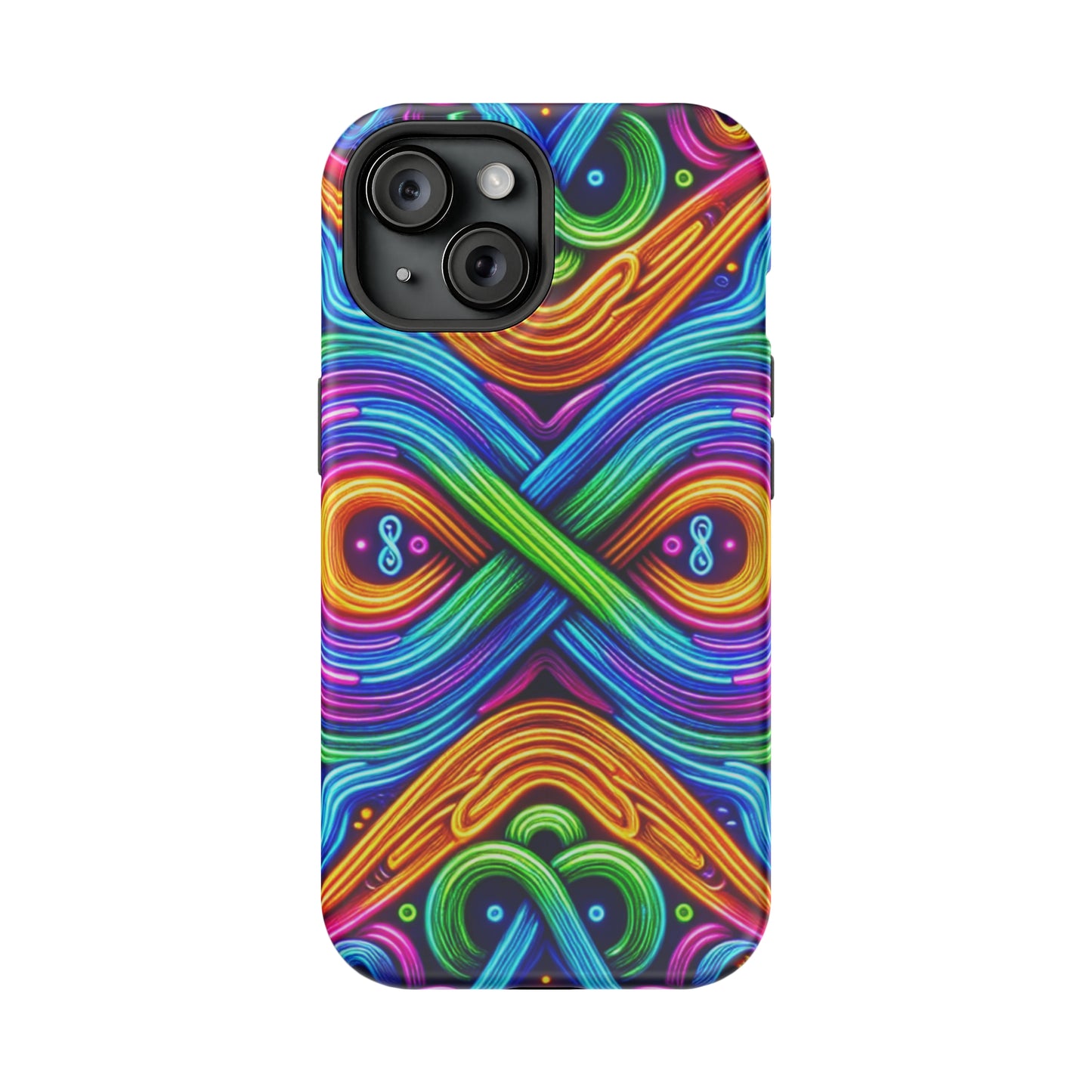 Cosmic Neon Infinity Spectacular. Neon Trippy Infinity Patterns Premium Art Magsafe Magnet Tough IPhone 13 14 15 Pro Plus Max and Mini in Matte and Glossy Phone cases
