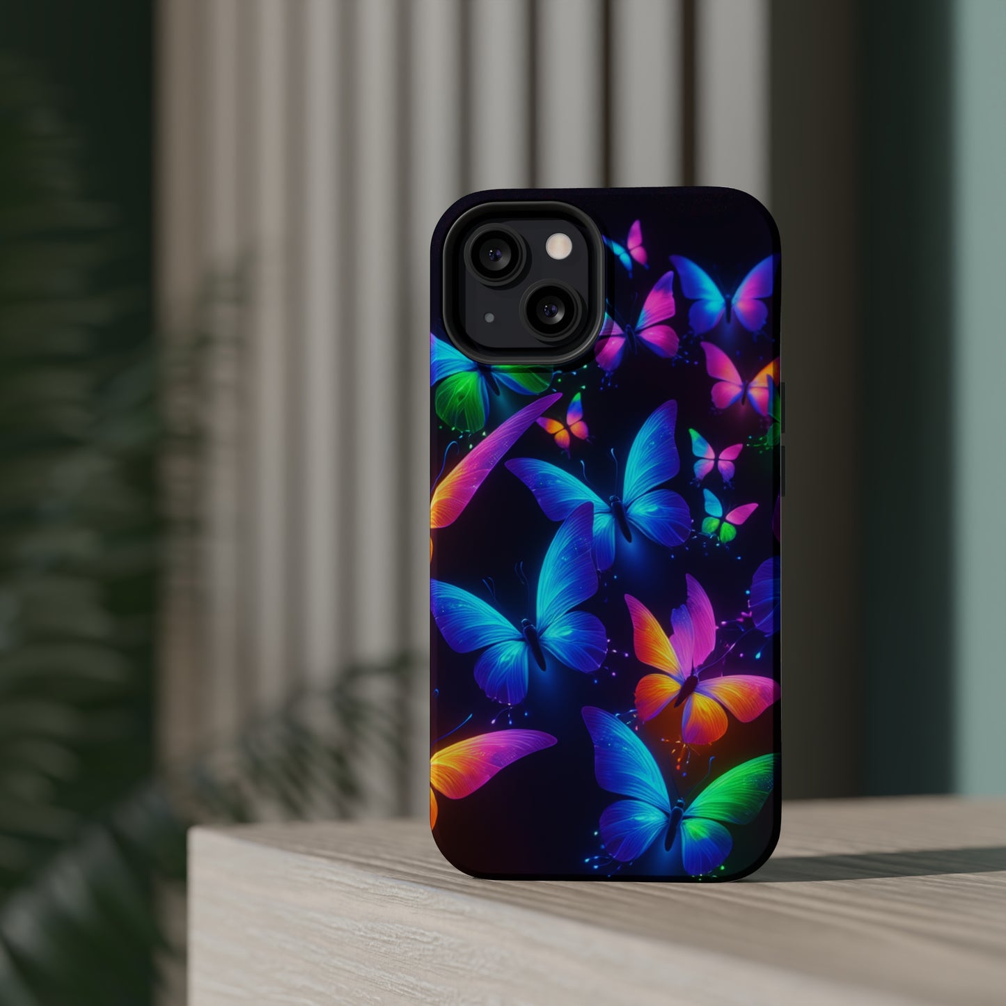 "Vibrant Neon Flutter" Neon Butterflies Premium Art Magsafe Magnet Tough IPhone 13 14 15 Pro Plus Max and Mini in Matte and Glossy Phone cases