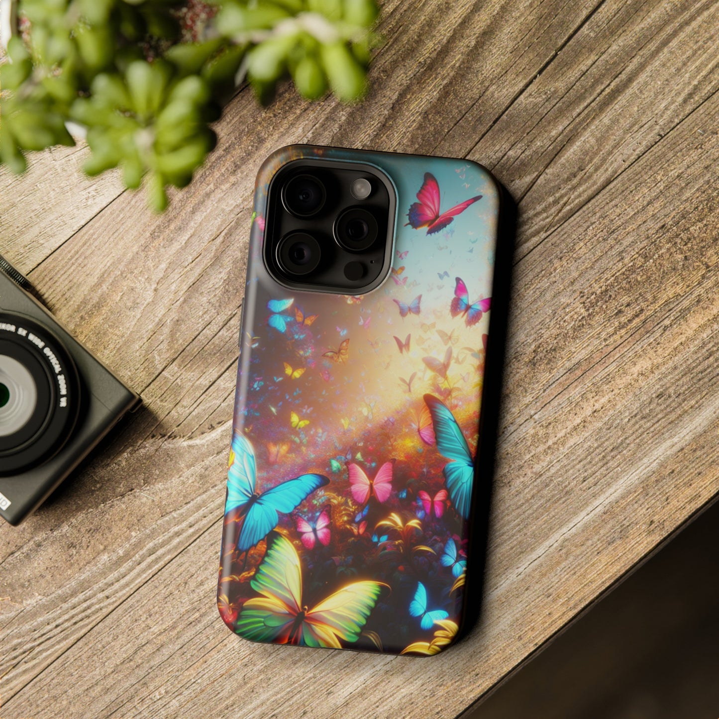 "Neon Butterfly Blooms" Neon Butterflies Premium Art Magsafe Magnet Tough IPhone 13 14 15 Pro Plus Max and Mini in Matte and Glossy Phone cases