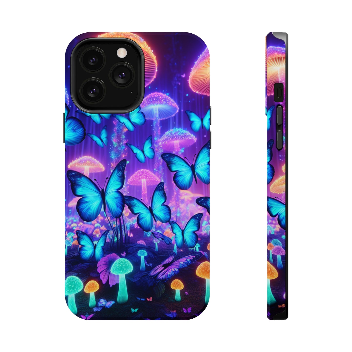 Neon Delight Landscape Neon Butterflies and Mushrooms Premium Art Magsafe Magnet Tough IPhone 13 14 15 Pro Plus Max and Mini in Matte and Glossy Phone cases