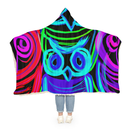 "Neon Nocturne" - NEON Owls Art Hooded Snuggle Blanket