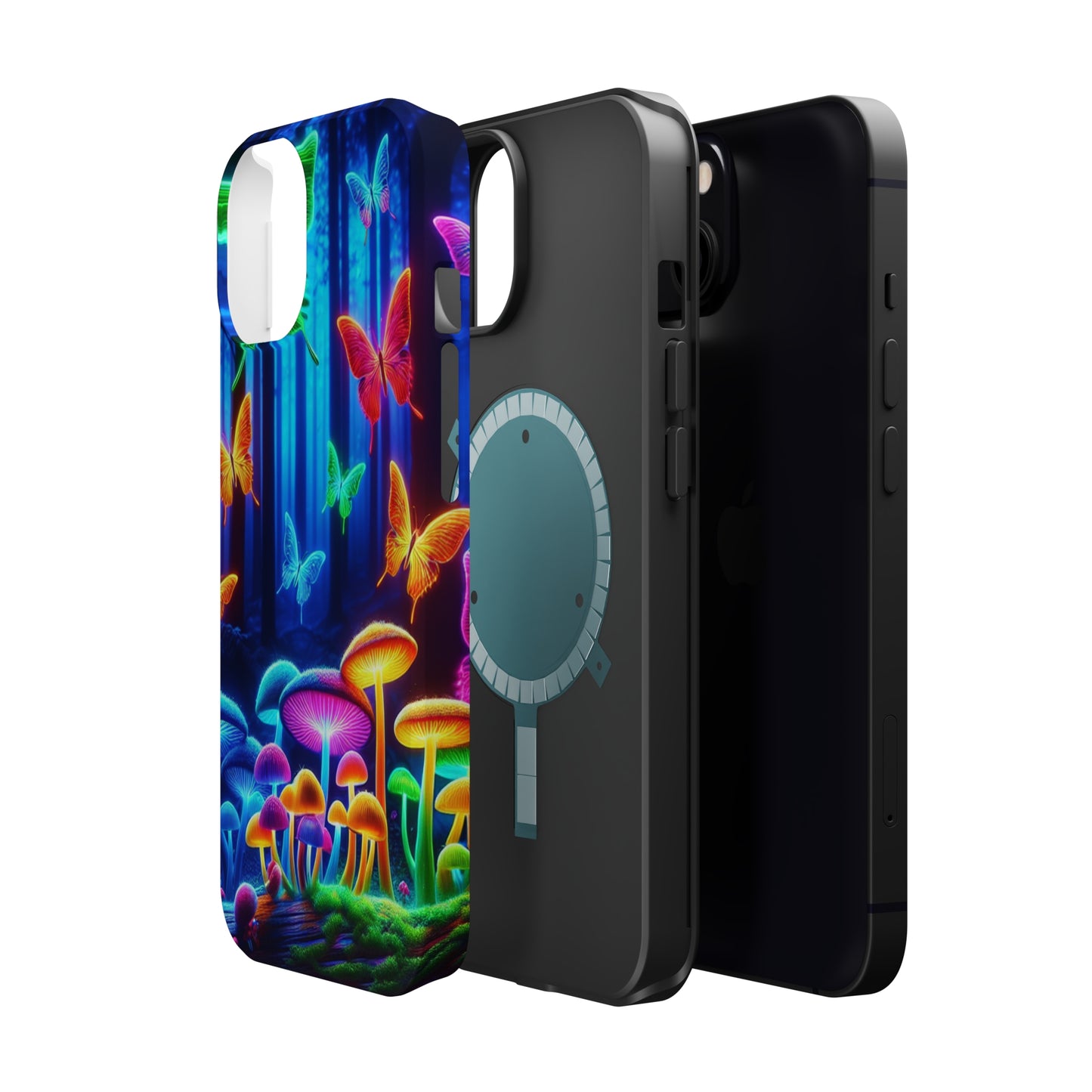 "Neon Garden Delight" Neon Butterflies and Mushrooms Premium Art Magsafe Magnet Tough IPhone 13 14 15 Pro Plus Max and Mini in Matte and Glossy Phone cases