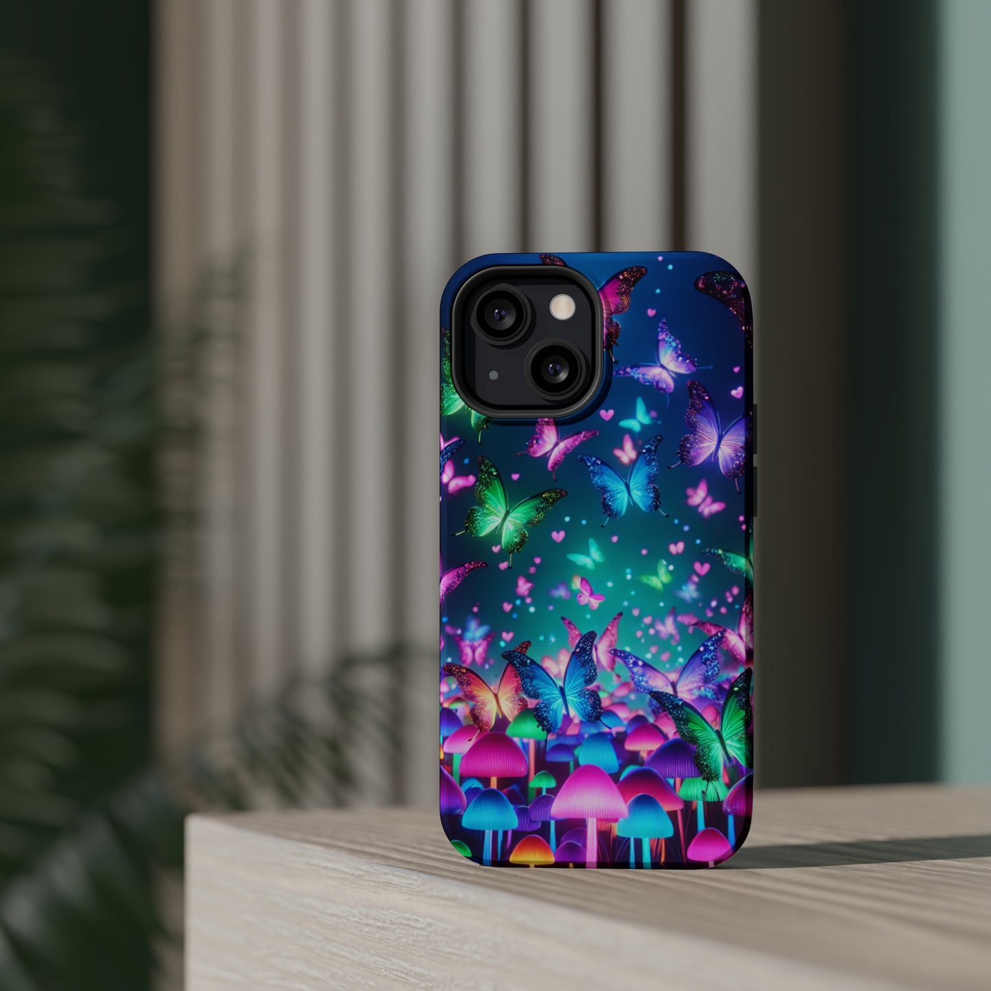 Neon Eden. Neon Butterflies and Mushrooms Premium Art Magsafe Magnet Tough IPhone 13 14 15 Pro Plus Max and Mini in Matte and Glossy Phone cases