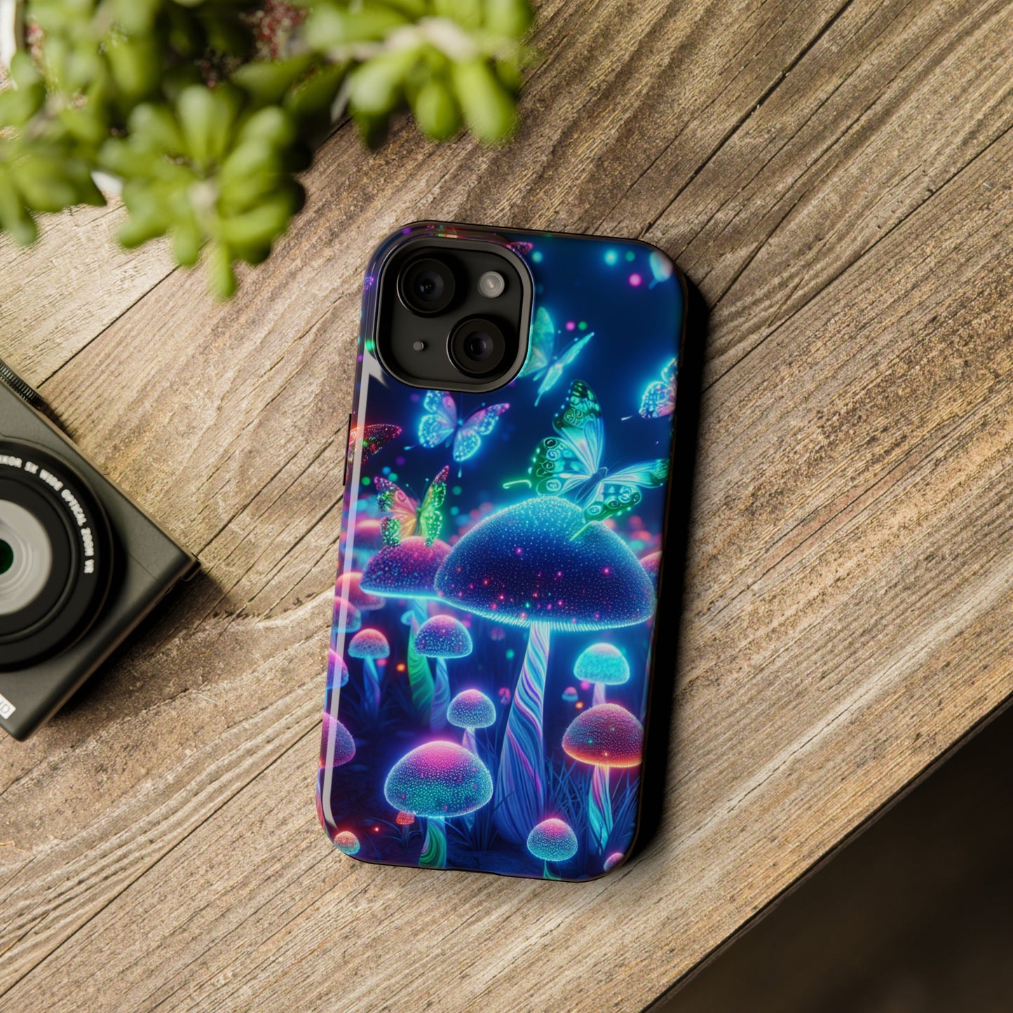 Neon Glitterbug Heaven. Neon Butterflies and Mushrooms Premium Art Magsafe Magnet Tough IPhone 13 14 15 Pro Plus Max and Mini in Matte and Glossy Phone cases