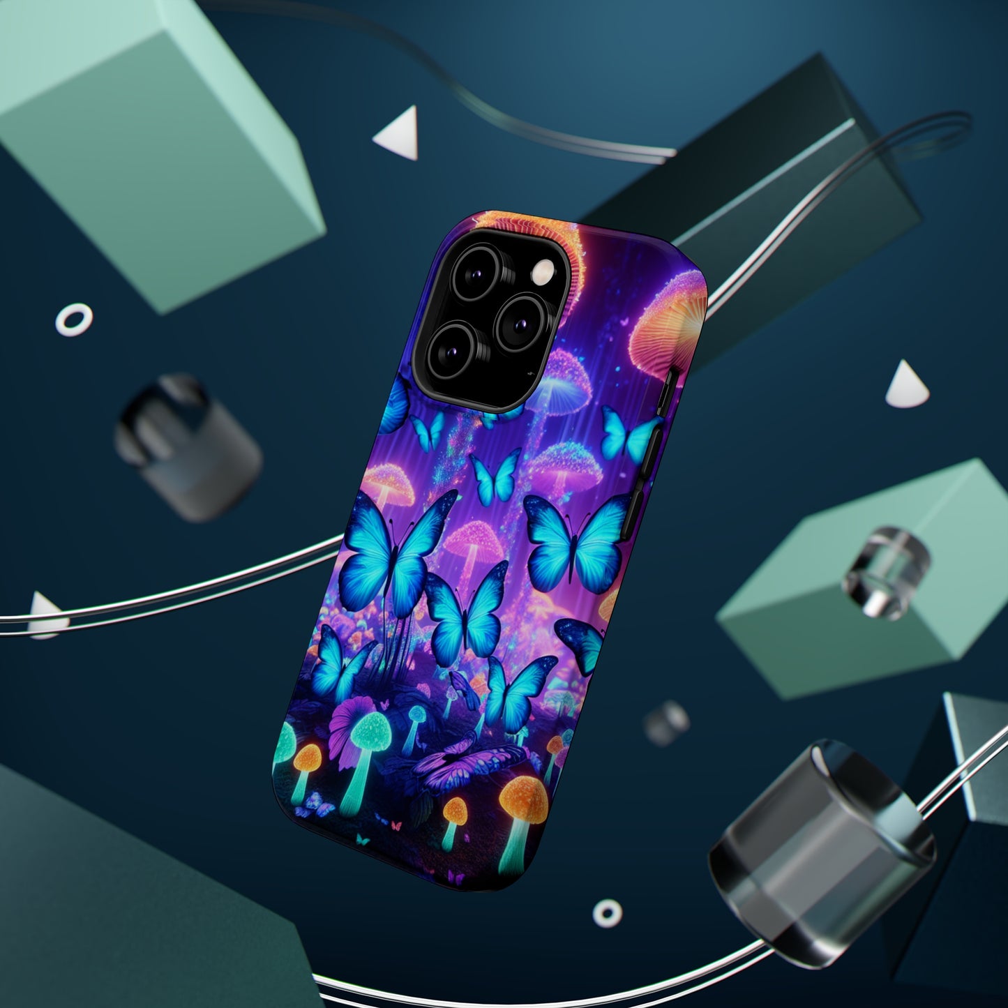 Neon Delight Landscape Neon Butterflies and Mushrooms Premium Art Magsafe Magnet Tough IPhone 13 14 15 Pro Plus Max and Mini in Matte and Glossy Phone cases