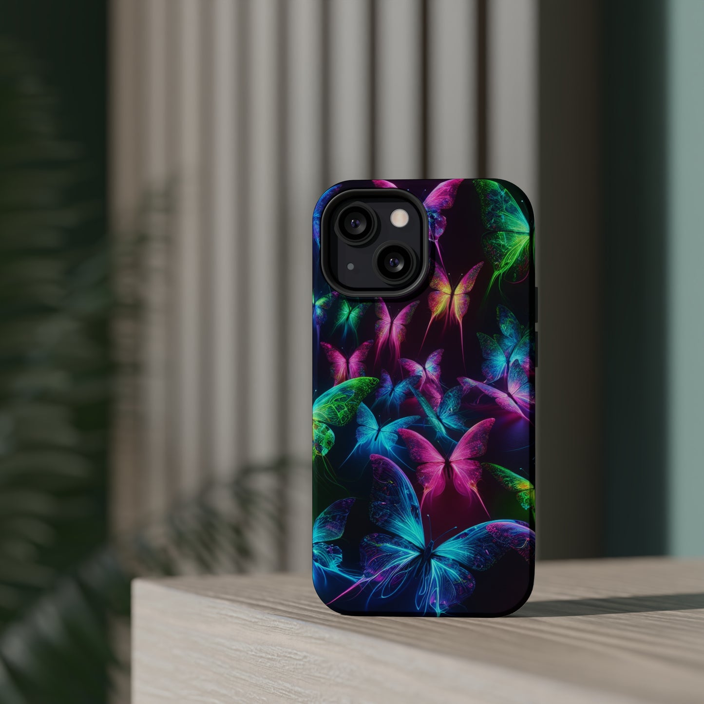 'Euphoria in Neon Flight' Neon Butterflies Premium Art Magsafe Magnet Tough IPhone 13 14 15 Pro Plus Max and Mini in Matte and Glossy Phone cases