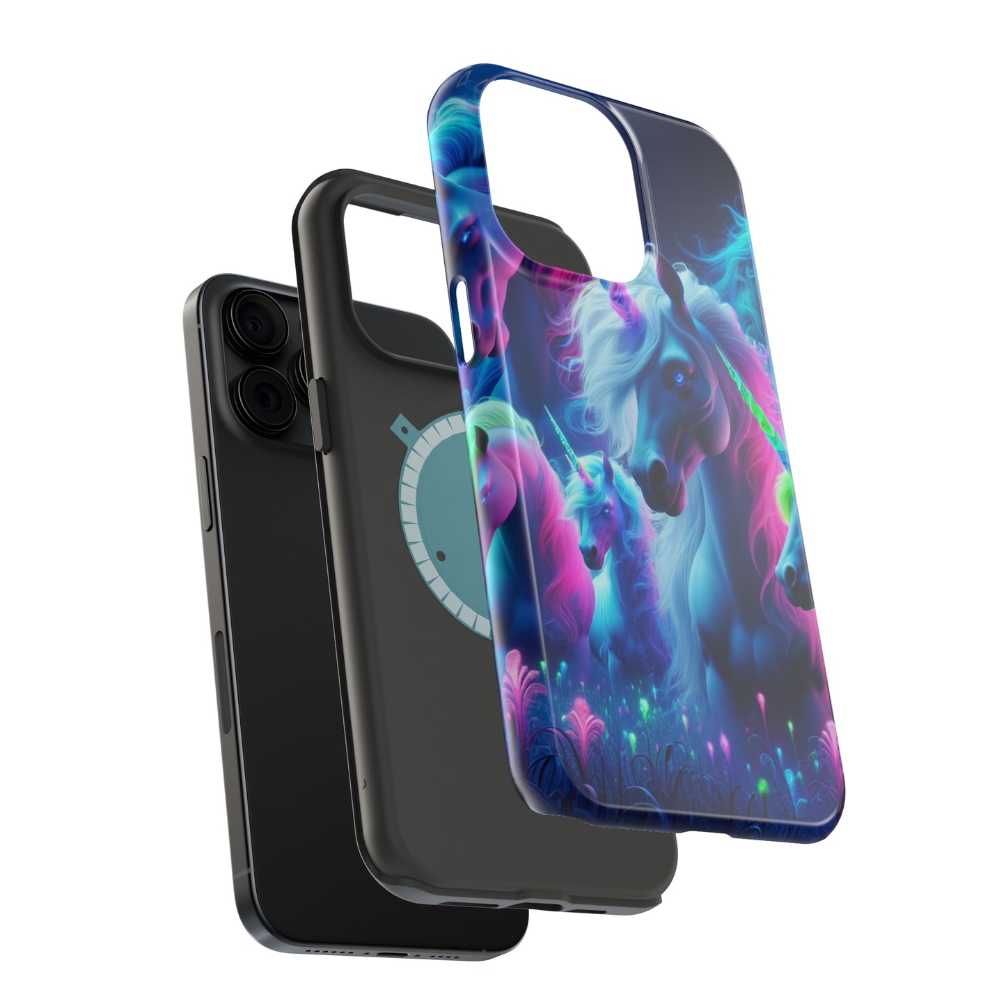 "Unicorn Flux-scape" Neon Unicorns Premium Art Magsafe Magnet Tough IPhone 13 14 15 Pro Plus Max and Mini in Matte and Glossy Phone cases