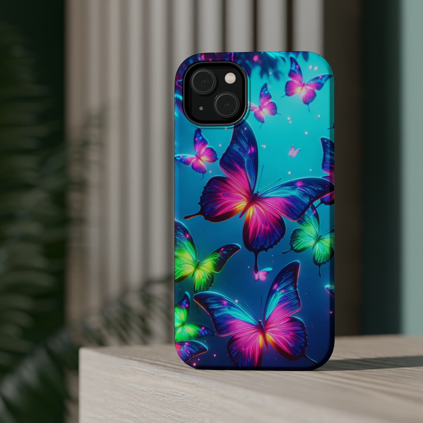 Vivid Glinting Neon Butterflies Neon Butterflies Premium Art Magsafe Magnet Tough IPhone 13 14 15 Pro Plus Max and Mini in Matte and Glossy Phone cases