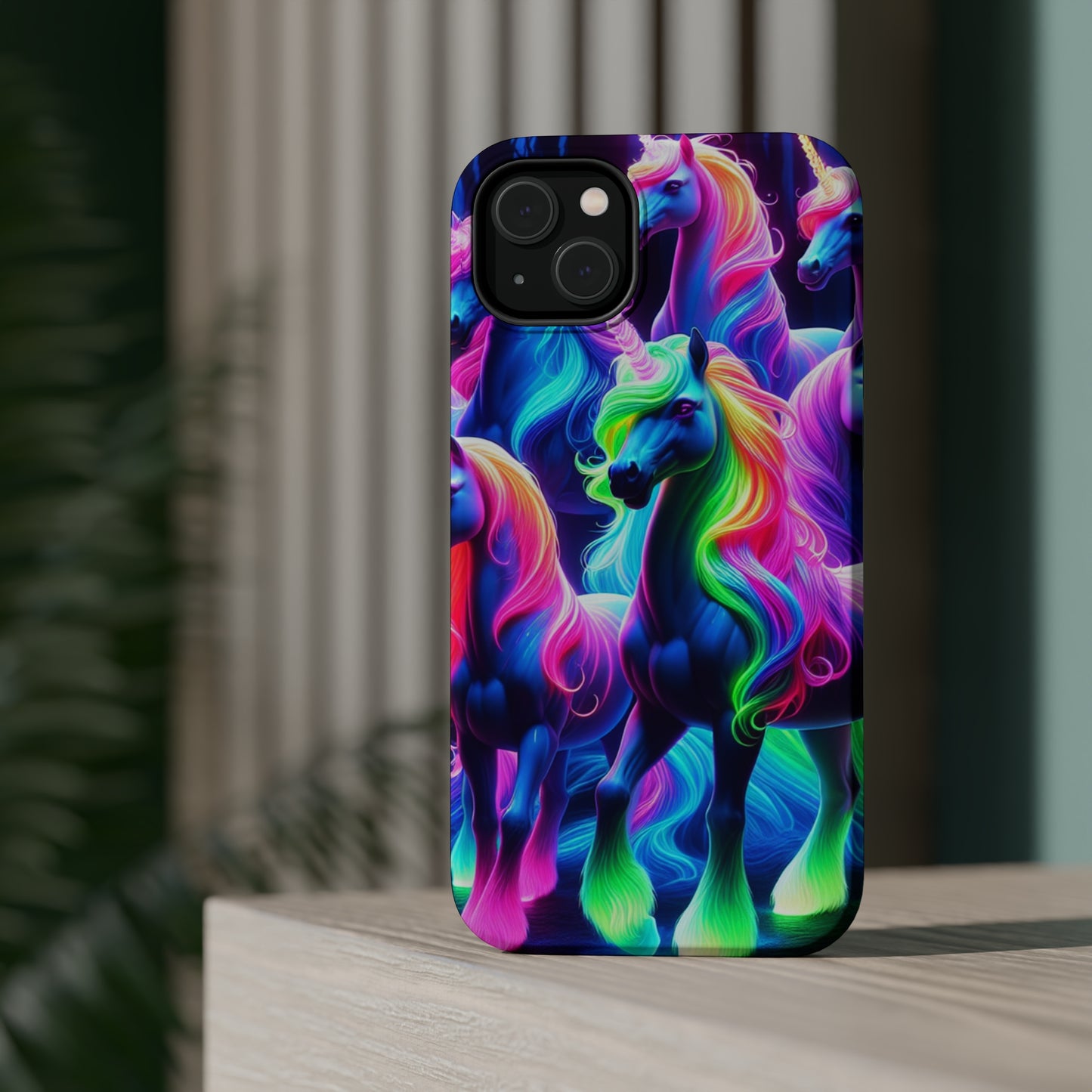 Neon Magic Skies - Unicorn Gang. Neon Unicorns Premium Art Magsafe Magnet Tough IPhone 13 14 15 Pro Plus Max and Mini in Matte and Glossy Phone cases
