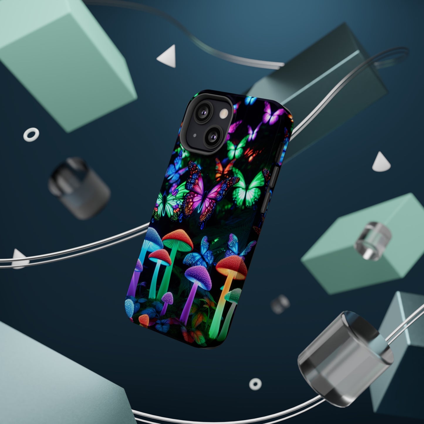 "Neon Burst Wonderland". Neon Butterflies and Mushrooms Premium Art Magsafe Magnet Tough IPhone 13 14 15 Pro Plus Max and Mini in Matte and Glossy Phone cases
