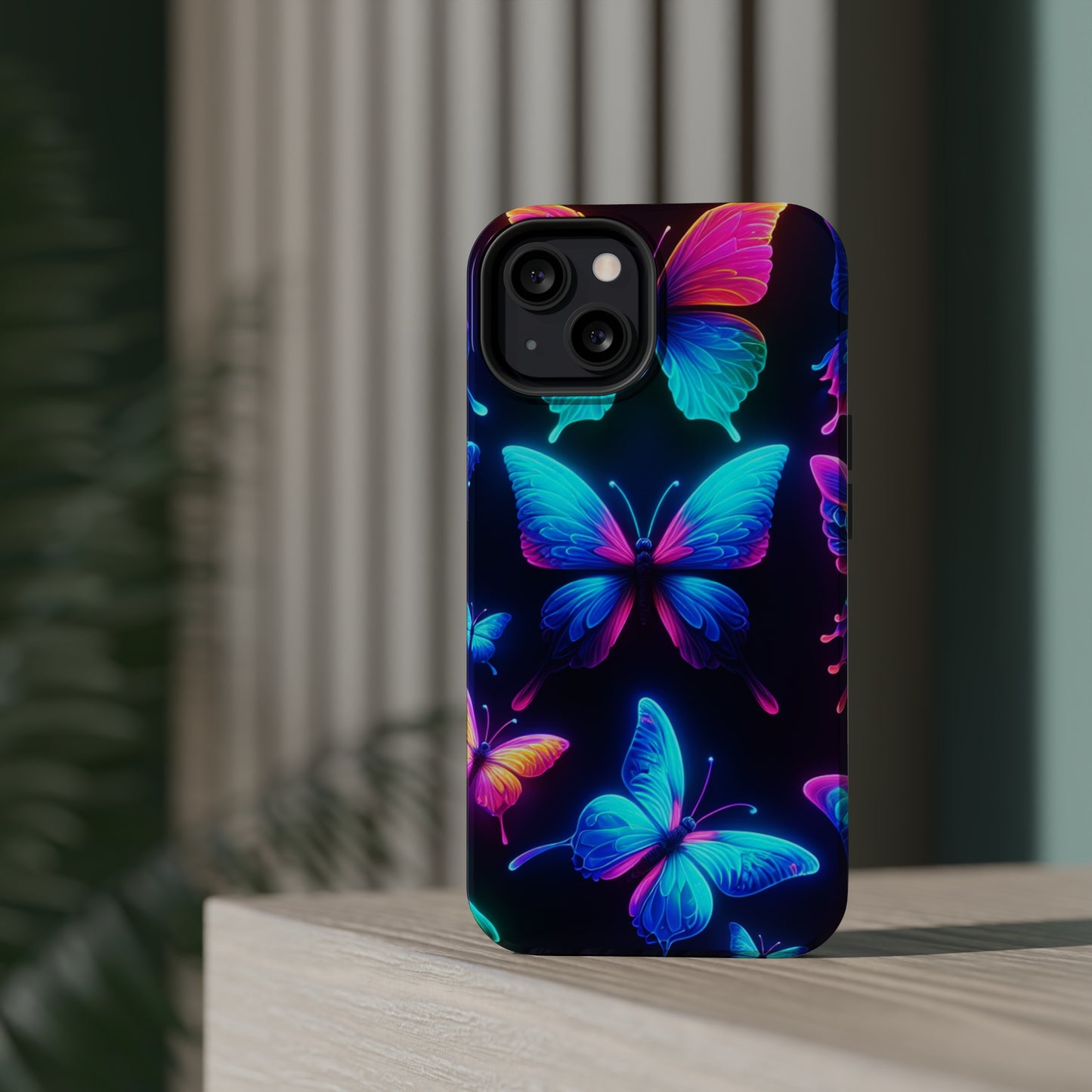 "Neon Flight Frenzy" Neon Butterflies Premium Art Magsafe Magnet Tough IPhone 13 14 15 Pro Plus Max and Mini in Matte and Glossy Phone cases