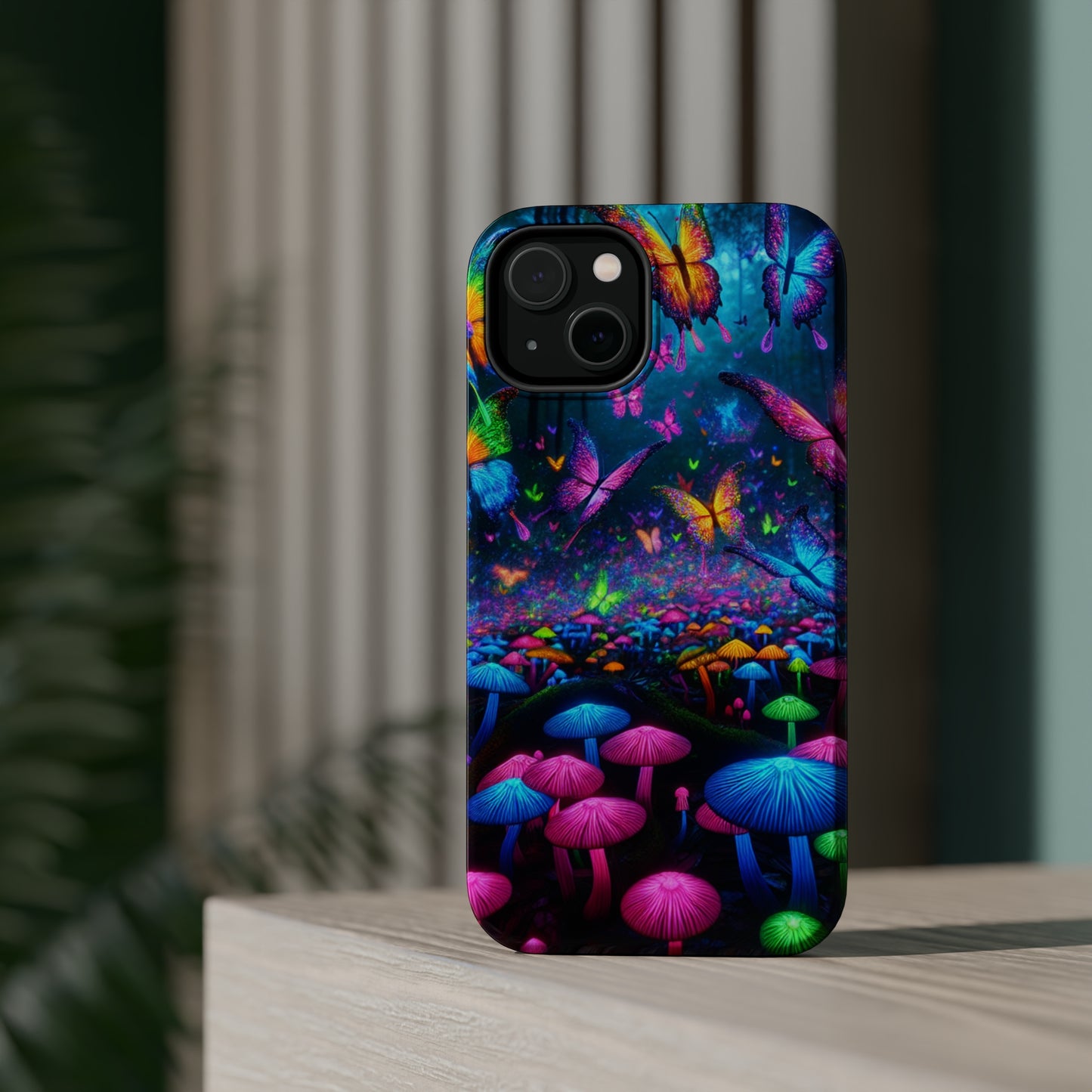 Neon Fruition Neon Butterflies and Mushrooms Premium Art Magsafe Magnet Tough IPhone 13 14 15 Pro Plus Max and Mini in Matte and Glossy Phone cases