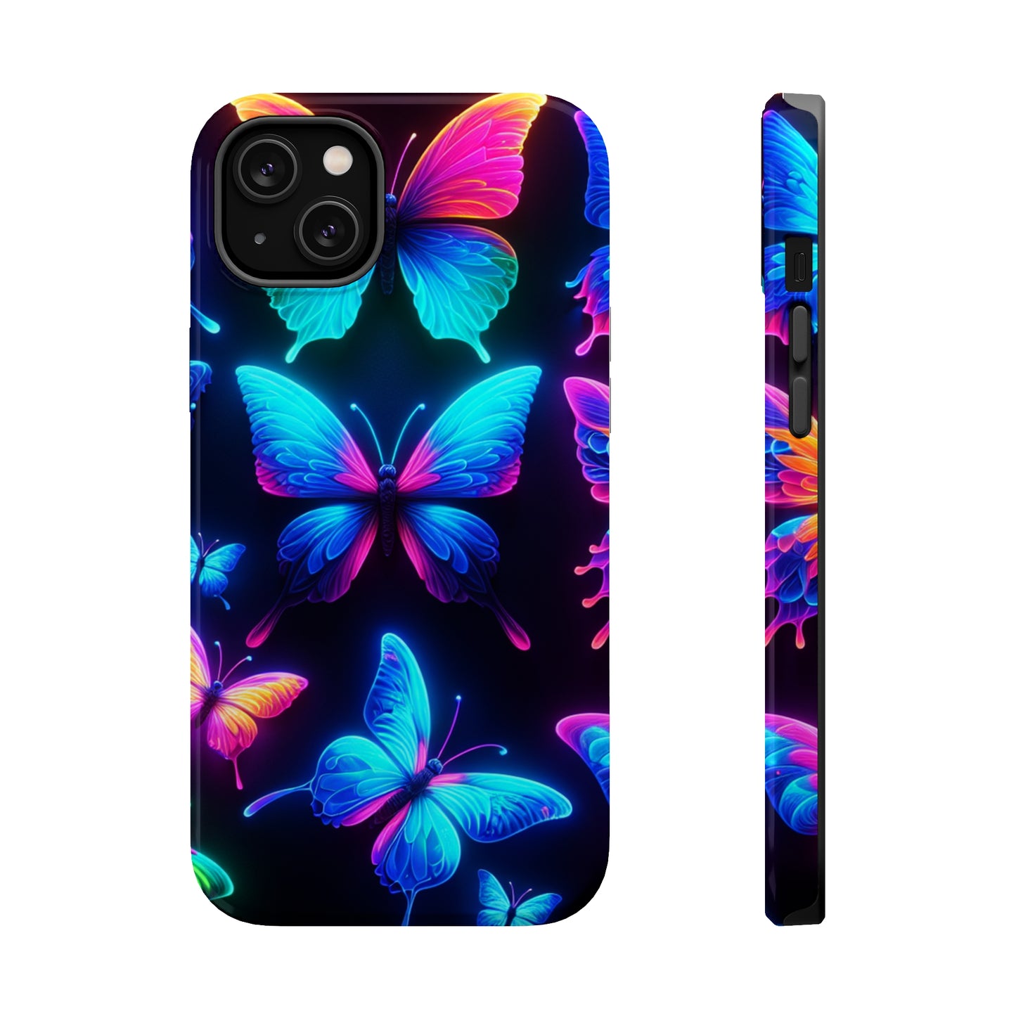 "Neon Flight Frenzy" Neon Butterflies Premium Art Magsafe Magnet Tough IPhone 13 14 15 Pro Plus Max and Mini in Matte and Glossy Phone cases