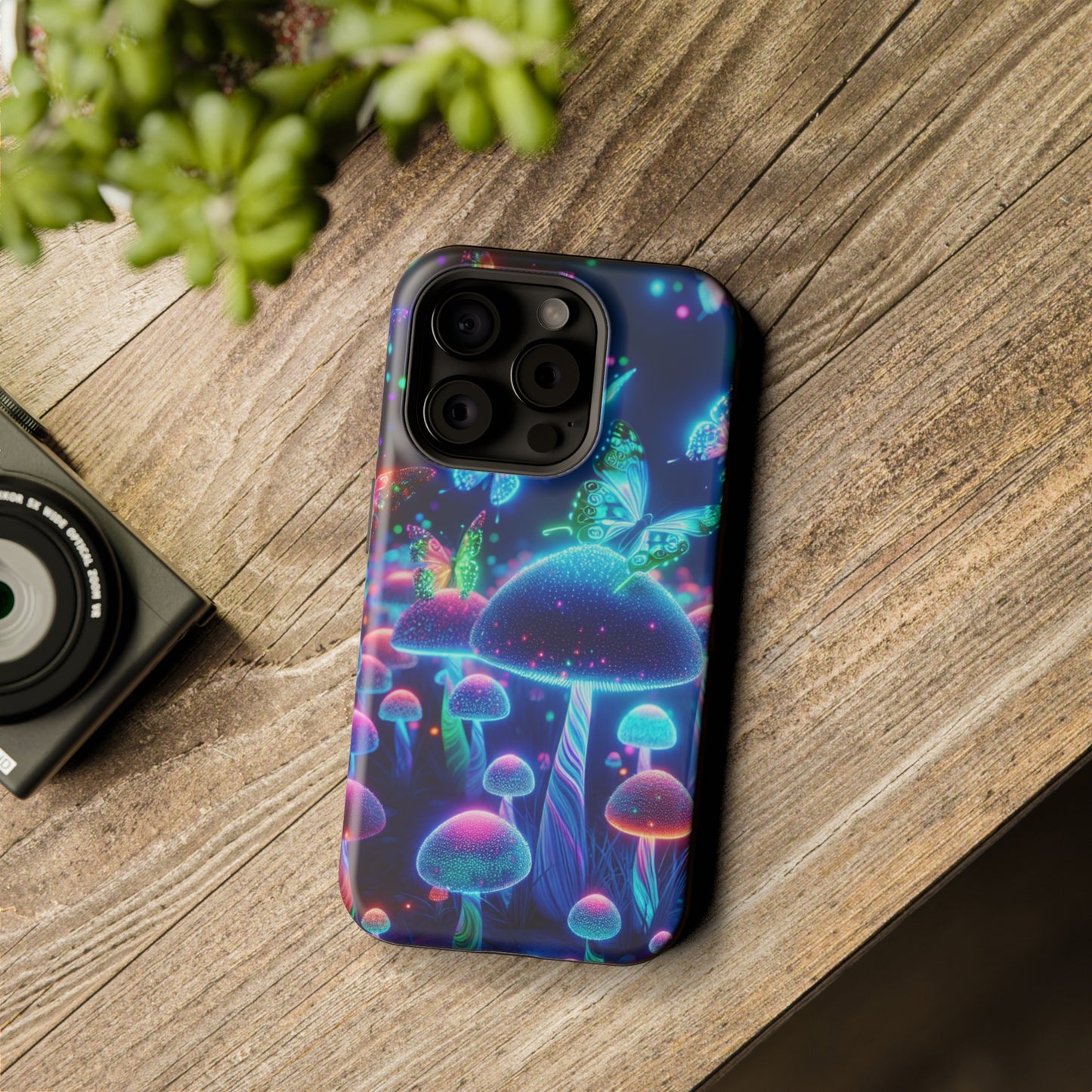 Neon Glitterbug Heaven. Neon Butterflies and Mushrooms Premium Art Magsafe Magnet Tough IPhone 13 14 15 Pro Plus Max and Mini in Matte and Glossy Phone cases